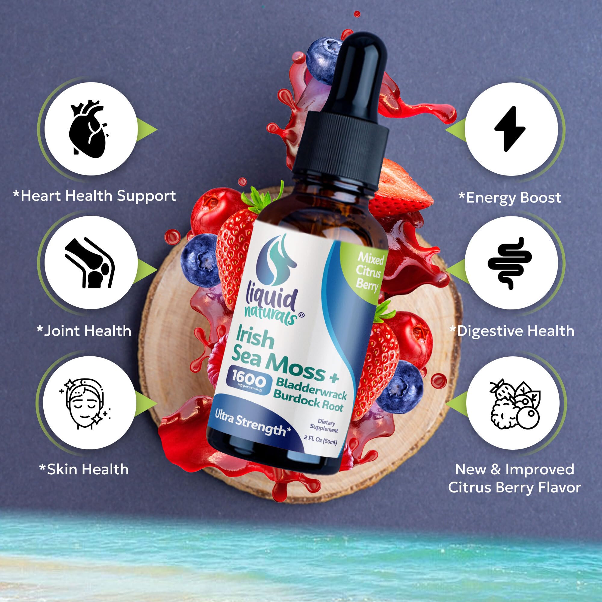 Liquid Naturals Irish Sea Moss Drops - Citrus Berry Flavor - 92+ Essential Minerals & Vitamins - Energy, Skin, Gut, Recovery - Bladderwrack and Burdock Root - 2 fl. oz Liquid NaturalsAu supplements