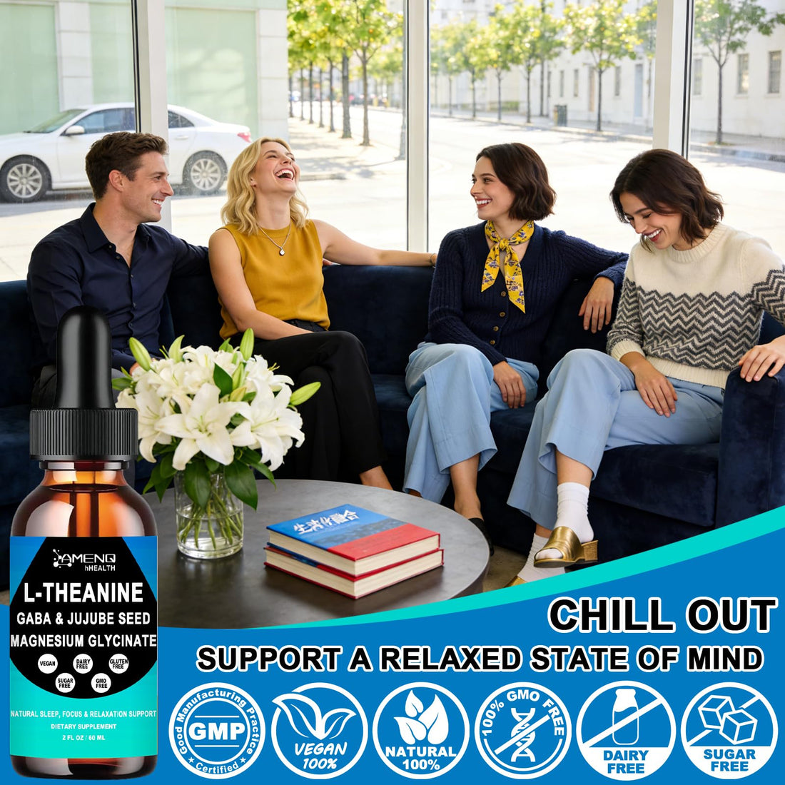 L Theanine Liquid Drops - Double Strength L-Theanine 200mg for Adults & Kids, Fast Absorption Gaba L-Theanine Supplements w. Magnesium & Jujube Seed for Nerve & Sleep, Relaxation & Mood Support丨Vegan AMENQ hHEALTHAu supplements