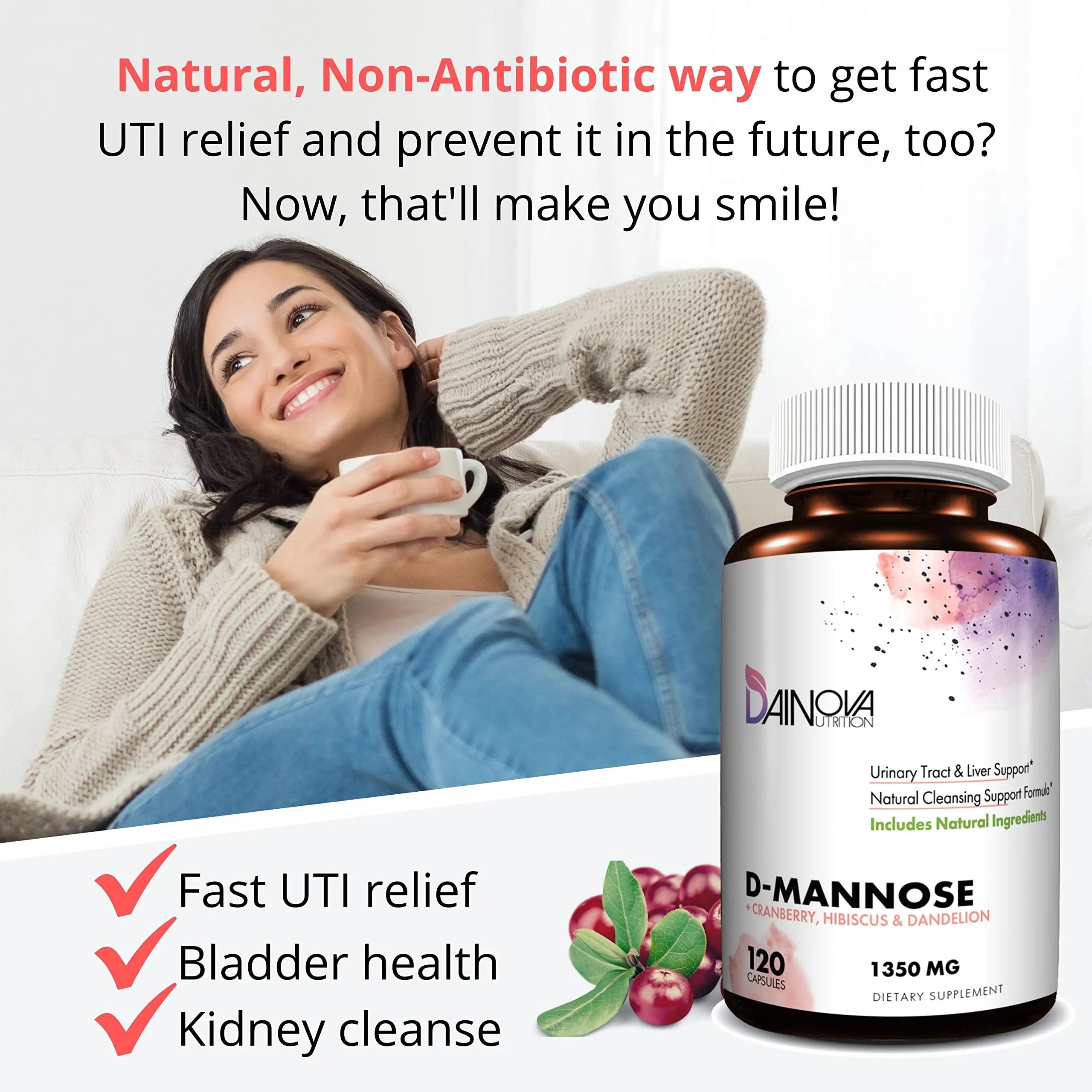 Dainova D Mannose 1350mg with Cranberry I D-Mannose Capsules for UTI Prevention, Urinary Tract Support, Urinary Tract Health for Women, & Cleanse. W/Hibiscus & Dandelion, 120 Veggie Capsules Dainova NutritionAu supplements