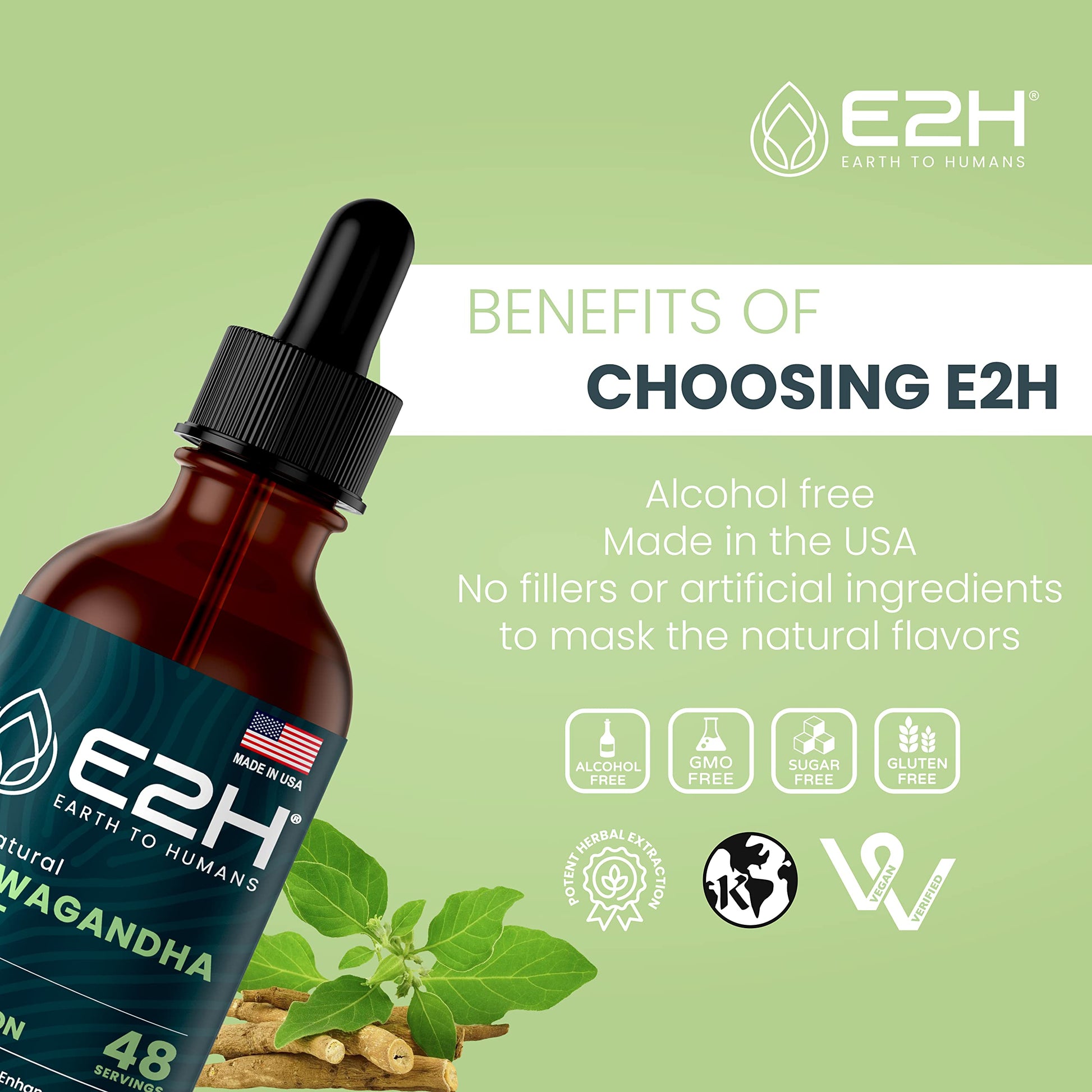 E2H Ashwagandha Liquid Drops - All-Natural Ashwagandha Supplement for Stress Relief and Mood Enhancer- Organic Ashwagandha Root Extract Effective Cortisol Manager | Non-GMO, Vegan | 2 Fl Oz E2H EARTH TO HUMANSAu supplements
