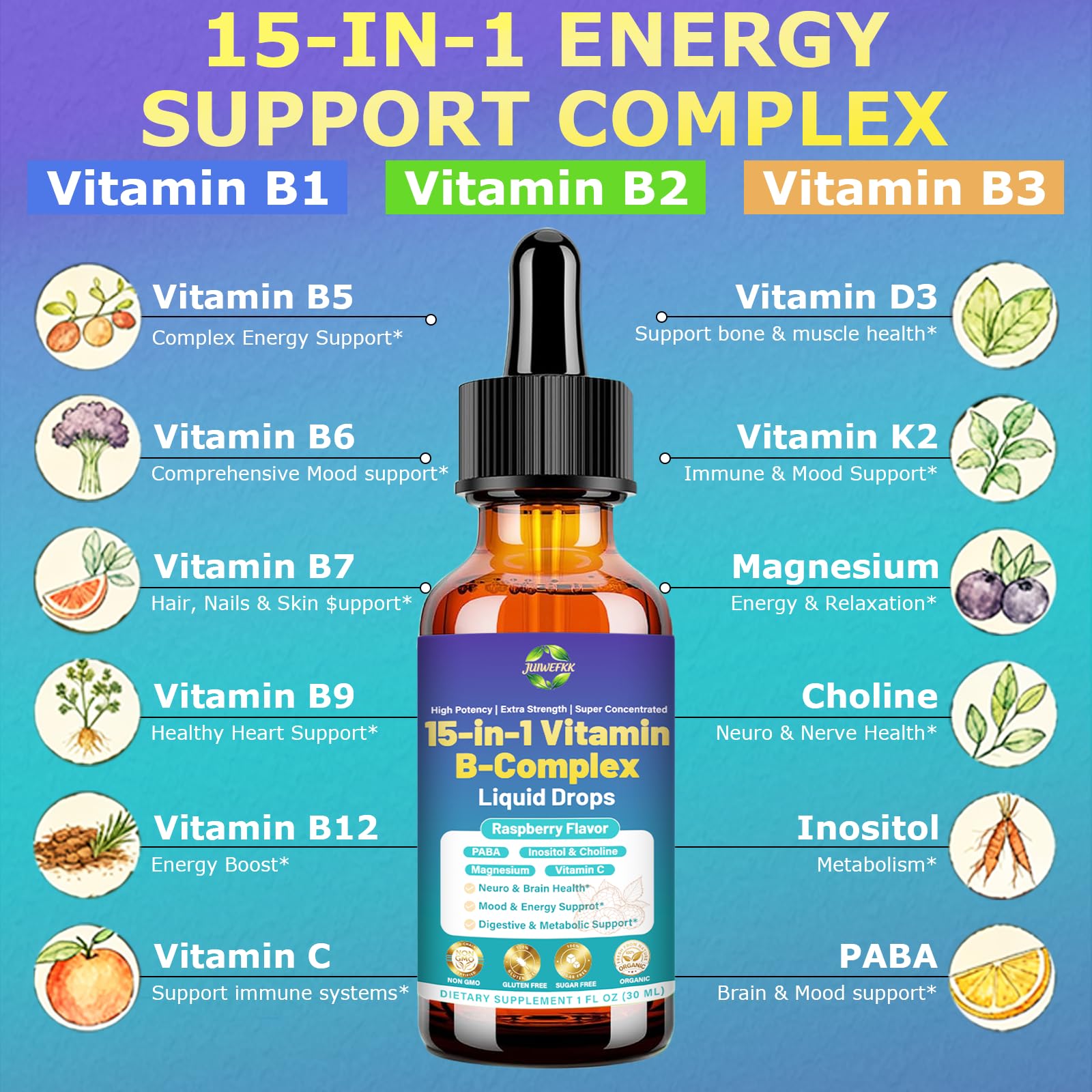 Advanced Vitamin B Complex Liquid Drops for Women Men & Kids, 15-in-1 VIT B Complex with Vitamin C B12 B6 B1 Niacin Folate for Brain Nerve Neuropathy Energy Mood Health, Sublingual B-Complex Drops JUIWEFKKAu supplements