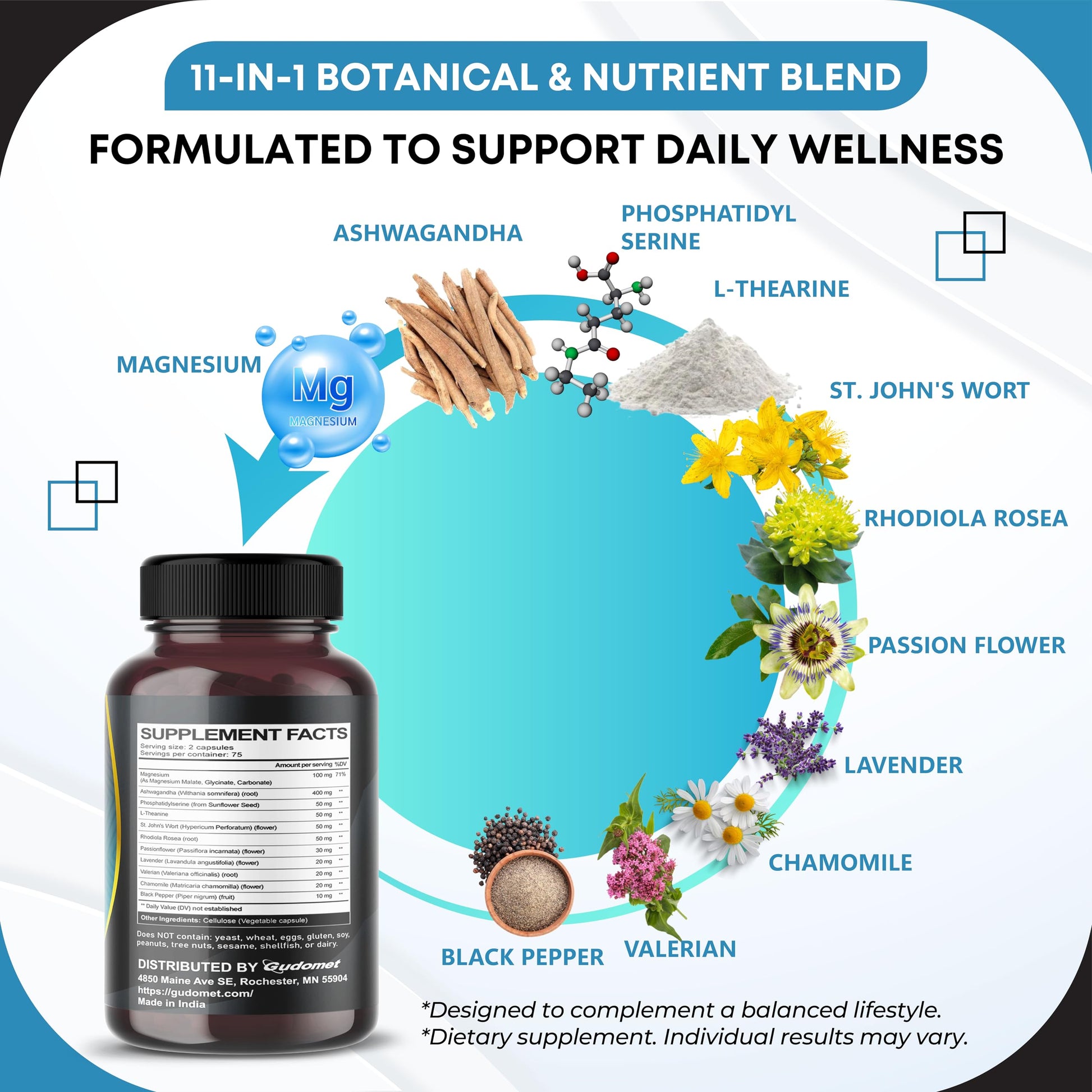 GUDOMET CORTISOL Wellness Magnesium Ashwagandha L-Theanine Phosphatidylserine Rhodiola Rosea Passionflower Lavender Chamomile -150 Capsules GUDOMETAu supplements
