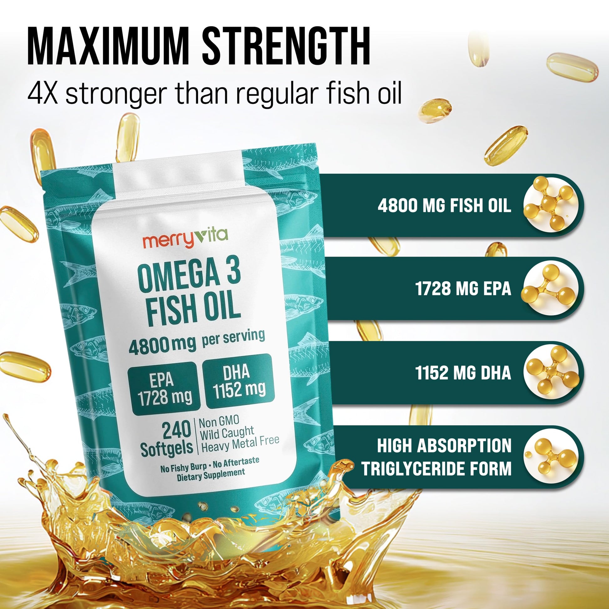 Omega 3 Fish Oil 4800 mg – EPA 1728 mg | DHA 1152 mg from Wild-Caught Anchovies – Burpless Mini Softgels – Pure Omega-3 Fatty Acid Supplement – Non-GMO, Gluten-Free, No Aftertaste – 240 Capsules MERRY VITAAu supplements