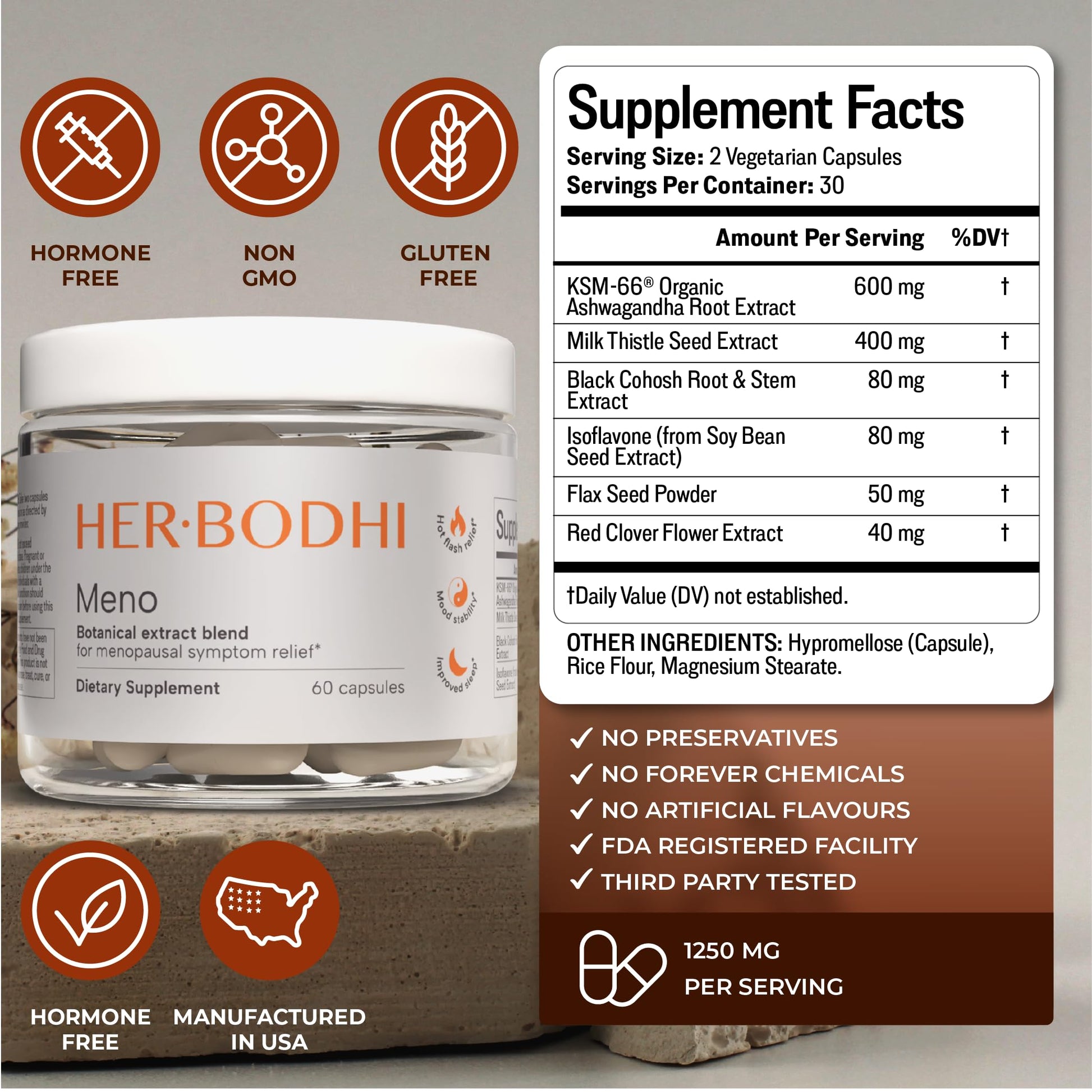 Her Bodhi Meno- Menopause Hormonal Balance for Women, Estrogen Soy Isoflavones Menopause Supplement for Women | with Ashwagandha & Black Cohosh | Hot Flashes Menopause Relief (60 Capsules) Her BodhiAu supplements