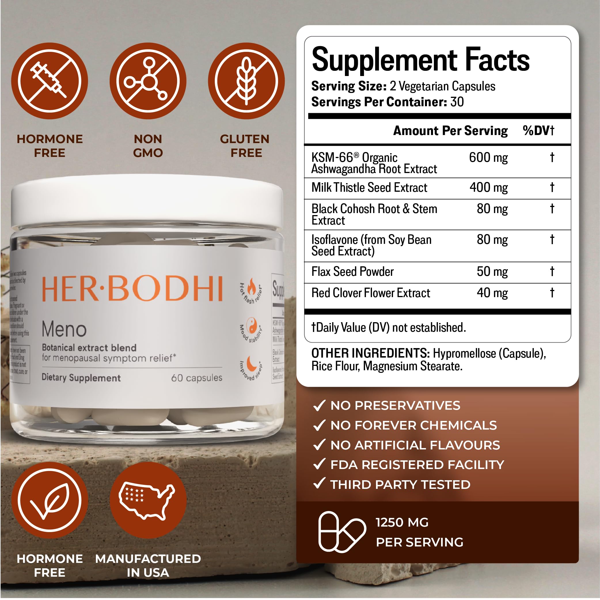 Her Bodhi Meno- Menopause Hormonal Balance for Women, Estrogen Soy Isoflavones Menopause Supplement for Women | with Ashwagandha & Black Cohosh | Hot Flashes Menopause Relief (60 Capsules) Her BodhiAu supplements