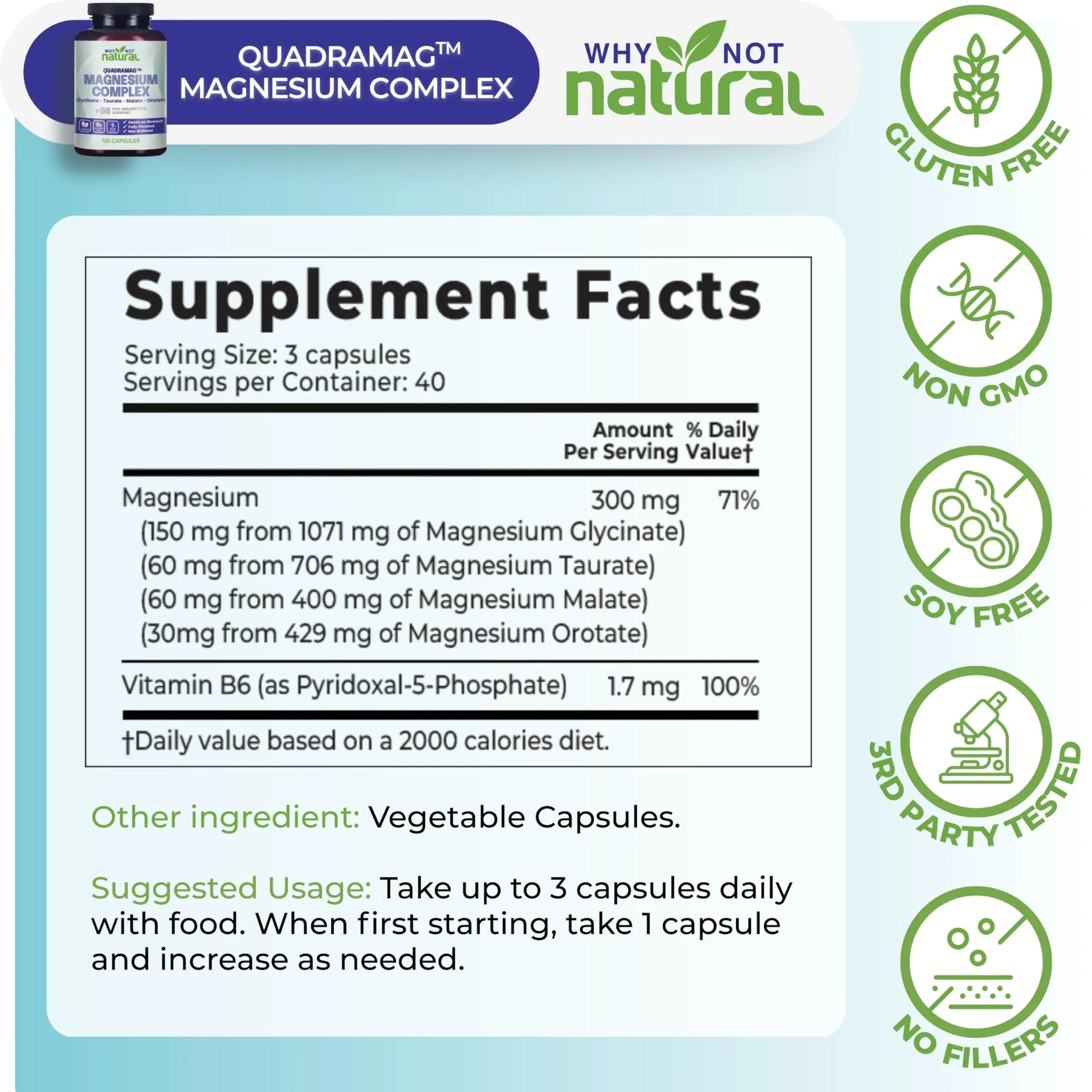4-in-1 Magnesium Complex Supplement - Glycinate, Taurate, Malate, Orotate Blend - 300 mg per Serving, 120 Capsules Why Not Naturalnz supplements