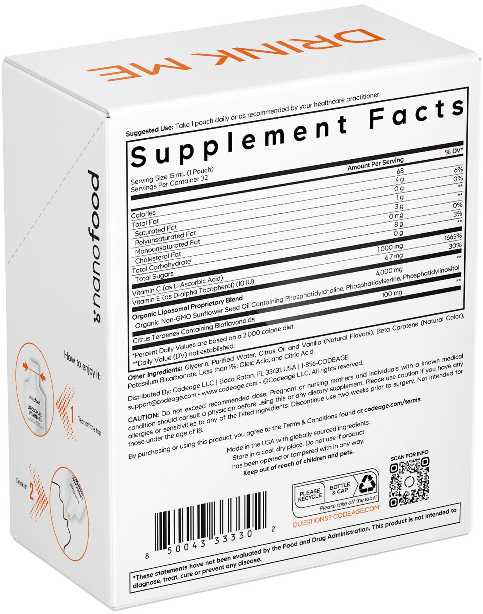 Codeage Liposomal Vitamin C Liquid 1000mg Vitamin C, 4000mg Essential Phospholipids, Supplement For Daily Immune Support, Liposomes For Absorption, Citrus Bioflavonoids, Vitamin E, Non-GMO, 32 Pouches CodeageAu supplements