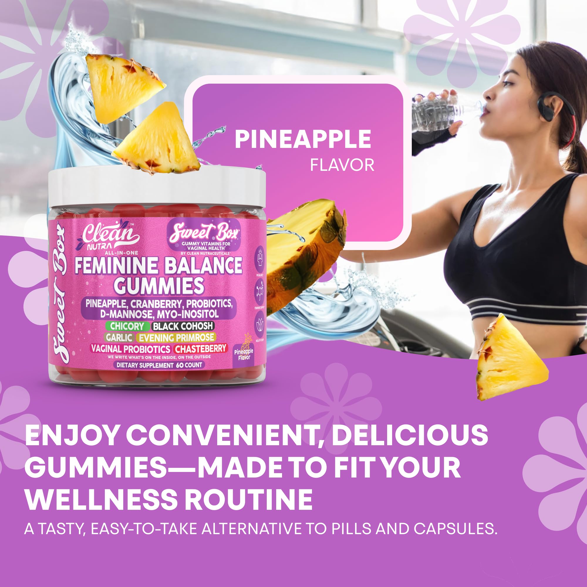 Clean Nutra Feminine Balance Gummies for Women Pineapple VaginalProbiotics pH Balance Cranberry D Mannose Supplement Inositol Black Cohosh Evening Primrose Garlic Vitex GLA Prebiotics Folate 60ct Clean NutraceuticalsAu supplements