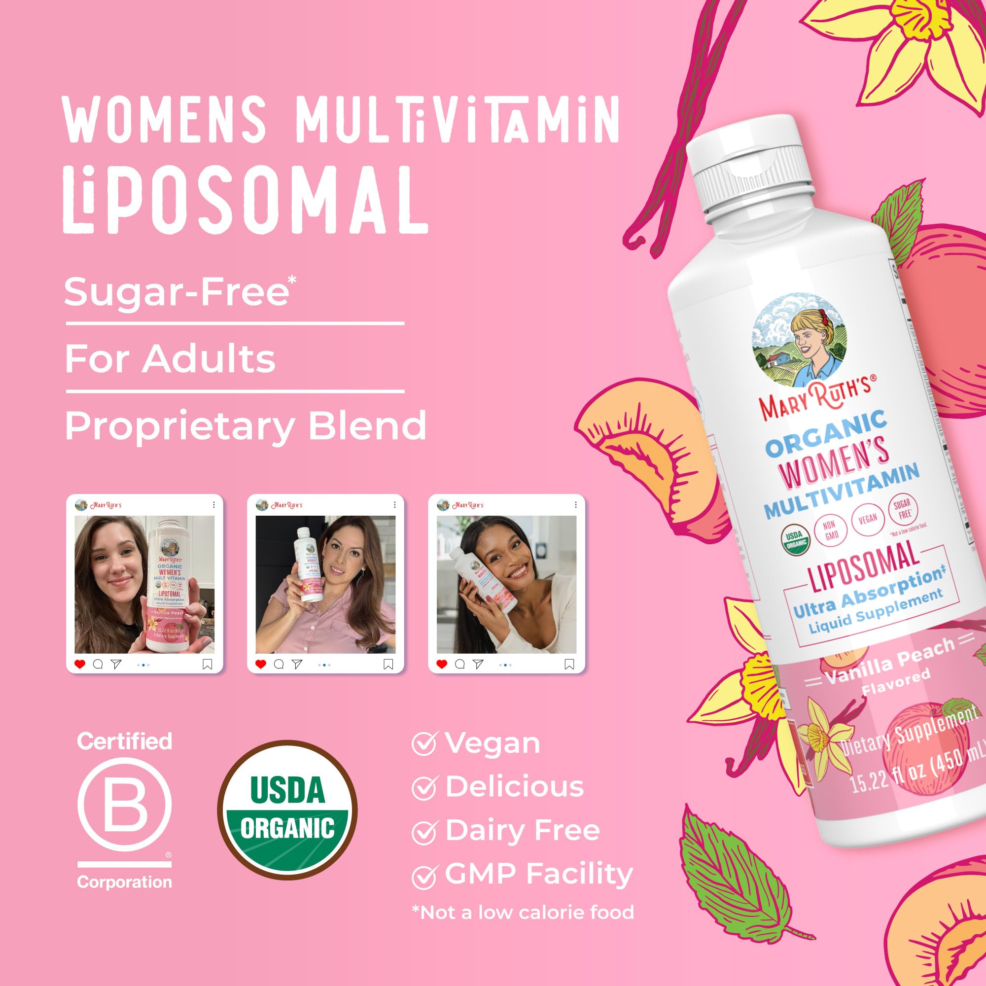 MaryRuth Organics USDA Organic Multivitamin for Women, Sugar Free Womens Multivitamin, Liquid Vitamins for Women, Immune Support Supplement, Ashwagandha, Methylfolate, Vegan, Non-GMO, 15.22 Fl Oz MARYRUTH'SUS supplements