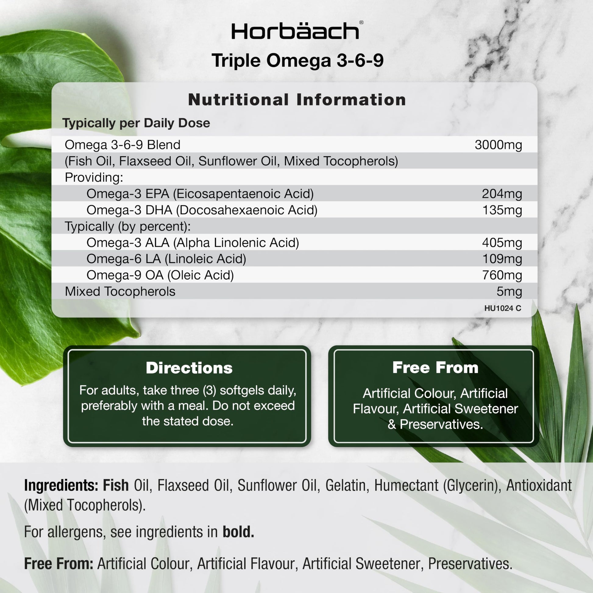 Omega 3 6 9 Capsules High Strength | 3000mg | 120 Softgels | Triple Omega 369 HorbäachUS supplements