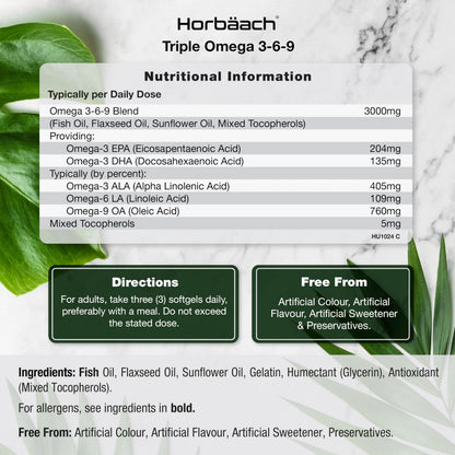 Omega 3 6 9 Capsules High Strength | 3000mg | 120 Softgels | Triple Omega 369 HorbäachUS supplements