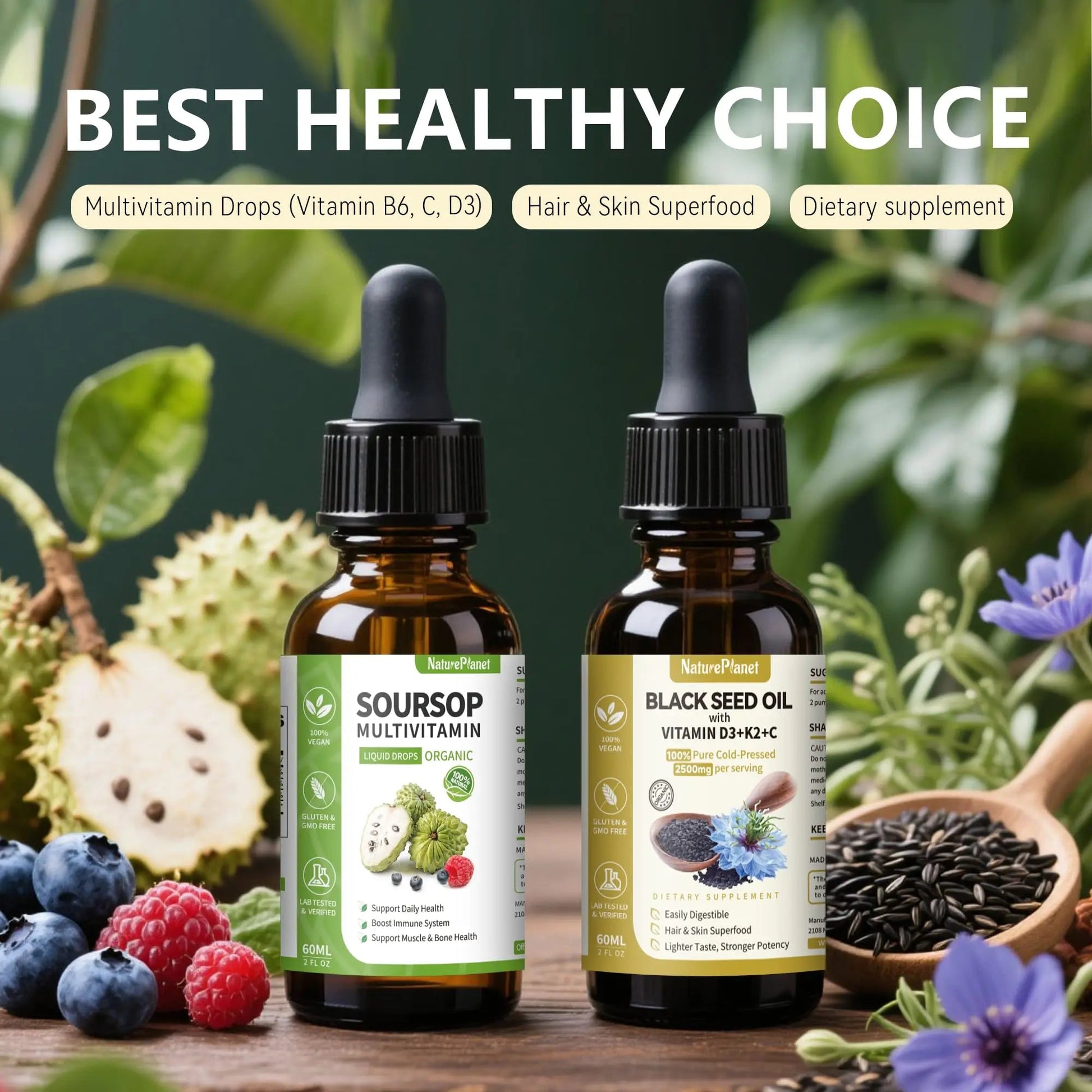 NaturePlanet Organic Soursop Bitters and Black Seed Oil Drops Bundles with Vitamins D3, K2, B6, C | NaturePlanetAu supplements