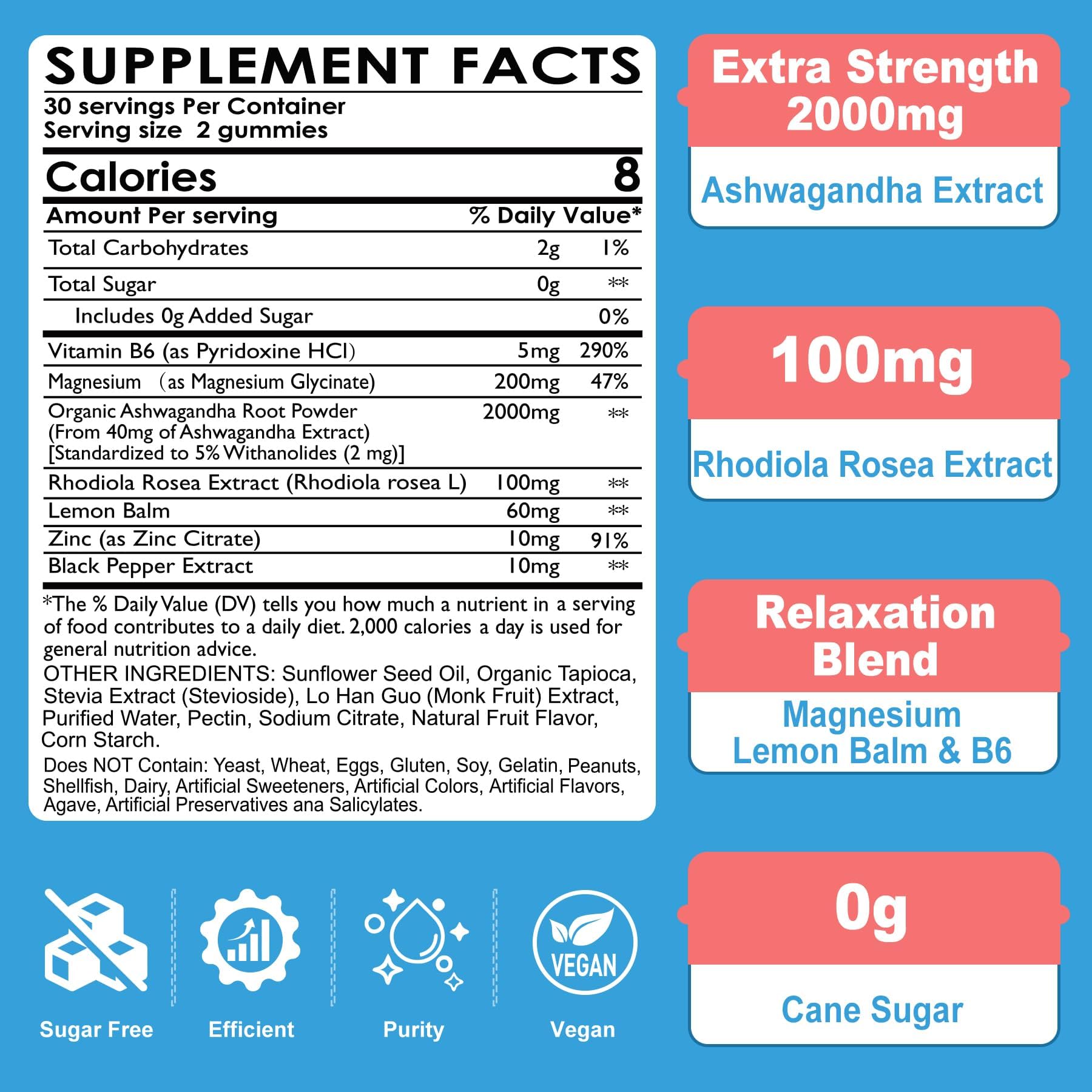 Ashwagandha Gummies, Magnesium Glycinate Gummies 2000mg for Adults, Vitamin B6, Zinc, Rhodiola Rosea, Lemon Balm, Relaxation Support, Natural Zzz, Brain, Muscle, Stamina, Energy, Sugar Free NEVISSAu supplements