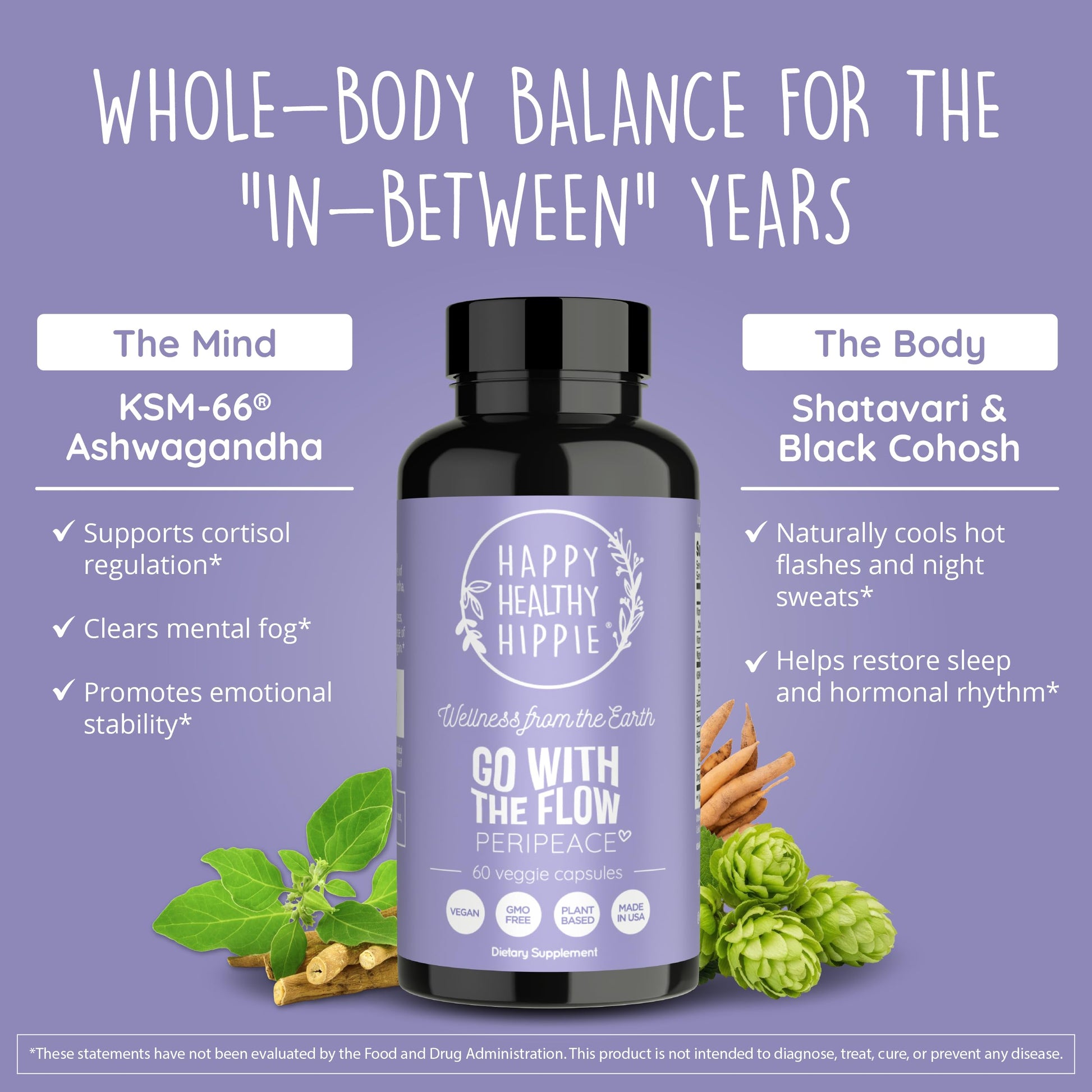 Perimenopause Supplements for Women | Hot Flash, Night Sweat, Mood & Sleep Support | Vegan Hormone Balance Capsules with KSM-66 Ashwagandha, Shatavari & Black Cohosh | Estrogen-Free, 60ct Happy Healthy HippieAu supplements