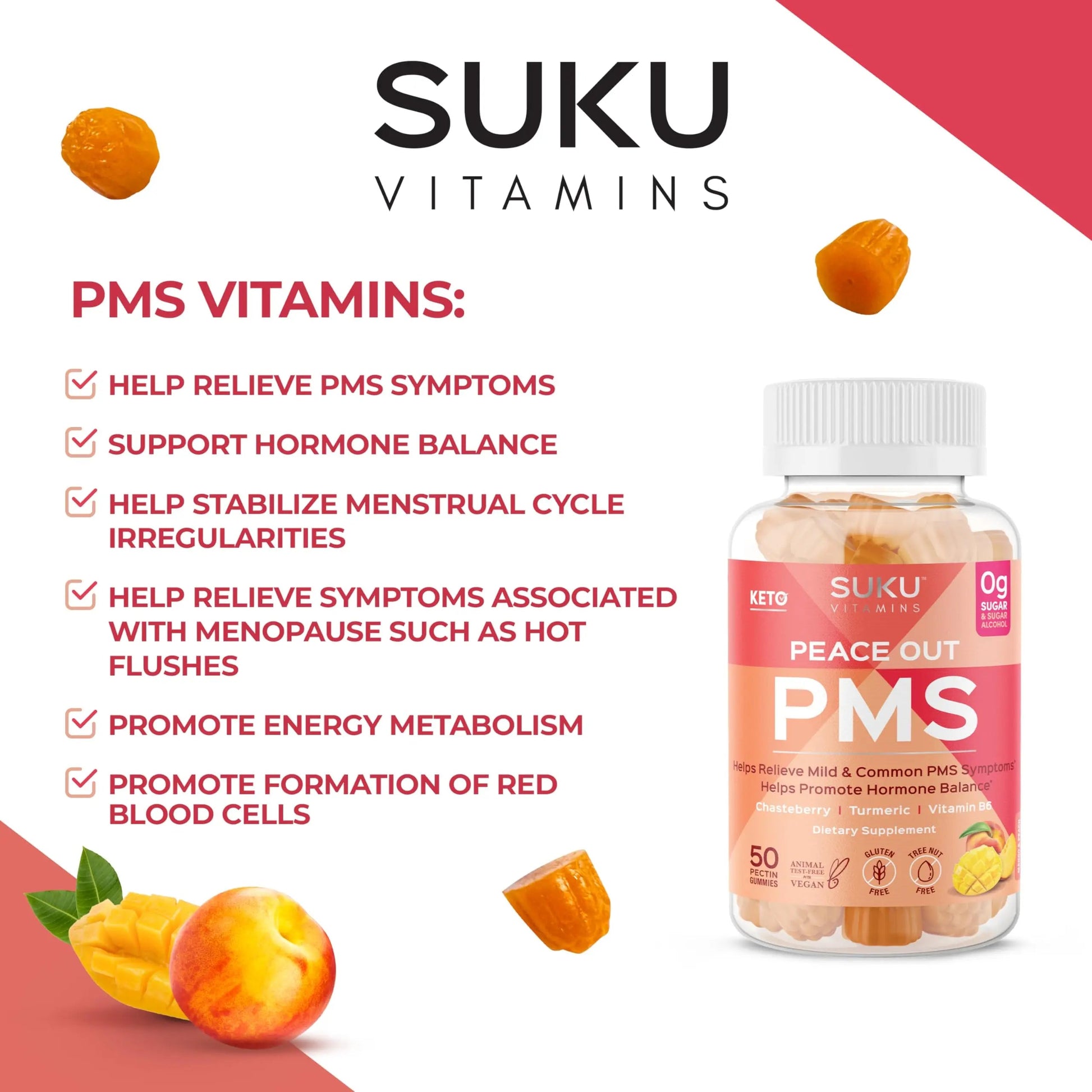 SUKU Vitamins - PMS Gummy Supplement with Chasteberry to Relieve PMS and Menopause Peach Mango Gummies (50 Count) SUKUAu supplements