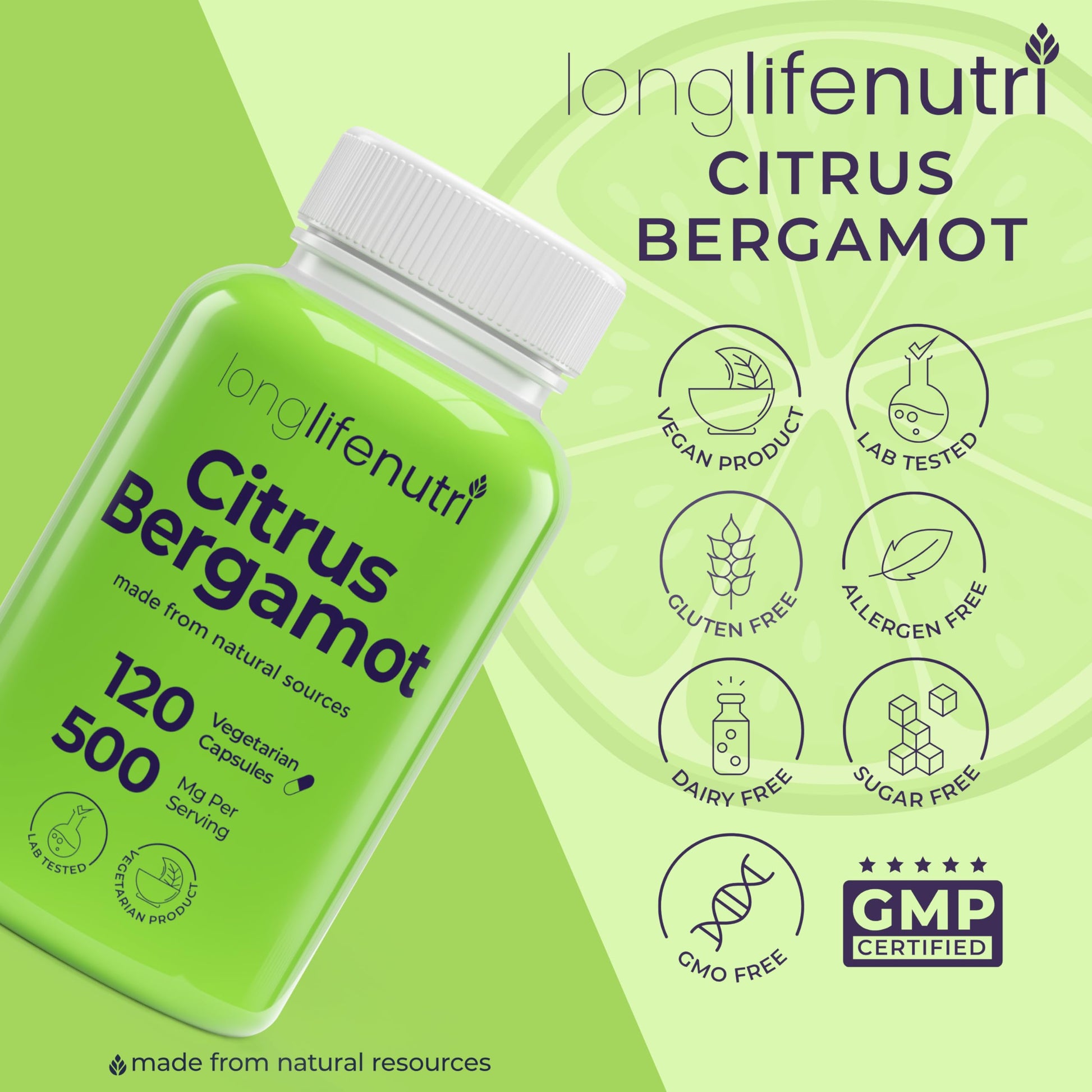 LongLifeNutri Citrus Bergamot Extract 500mg - 120 Vegetarian Capsules, 40% Polyphenolic Flavanones, 4-Month Supply, Plant-Based Anti-Oxidant, Tested, Made in USA LongLifeNutriAu supplements