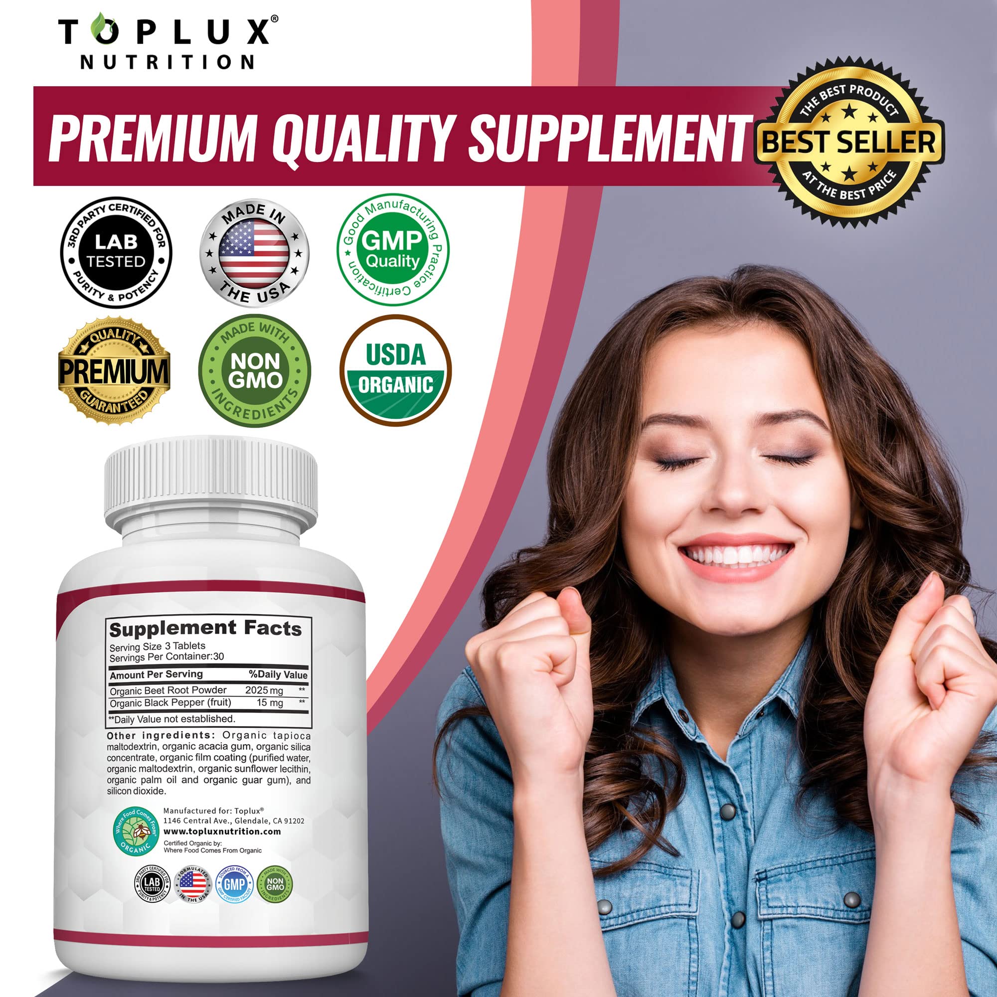 Organic Beet Root Powder Tablets - 2040mg Natural Nitric Oxide Beets to Support, Energy TopluxAu supplements