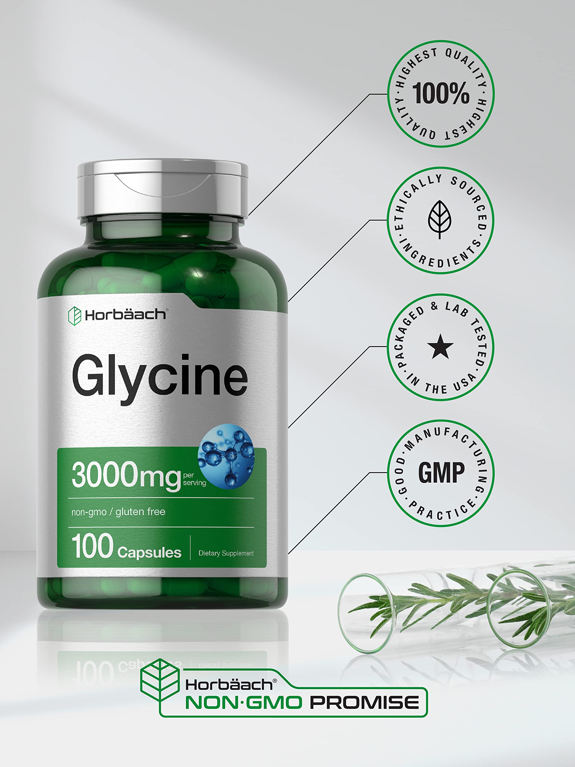 Glycine 3000 mg 100 Capsules | Non-GMO, Gluten Free Glycine Supplement | by Horbaach HorbäachAu supplements