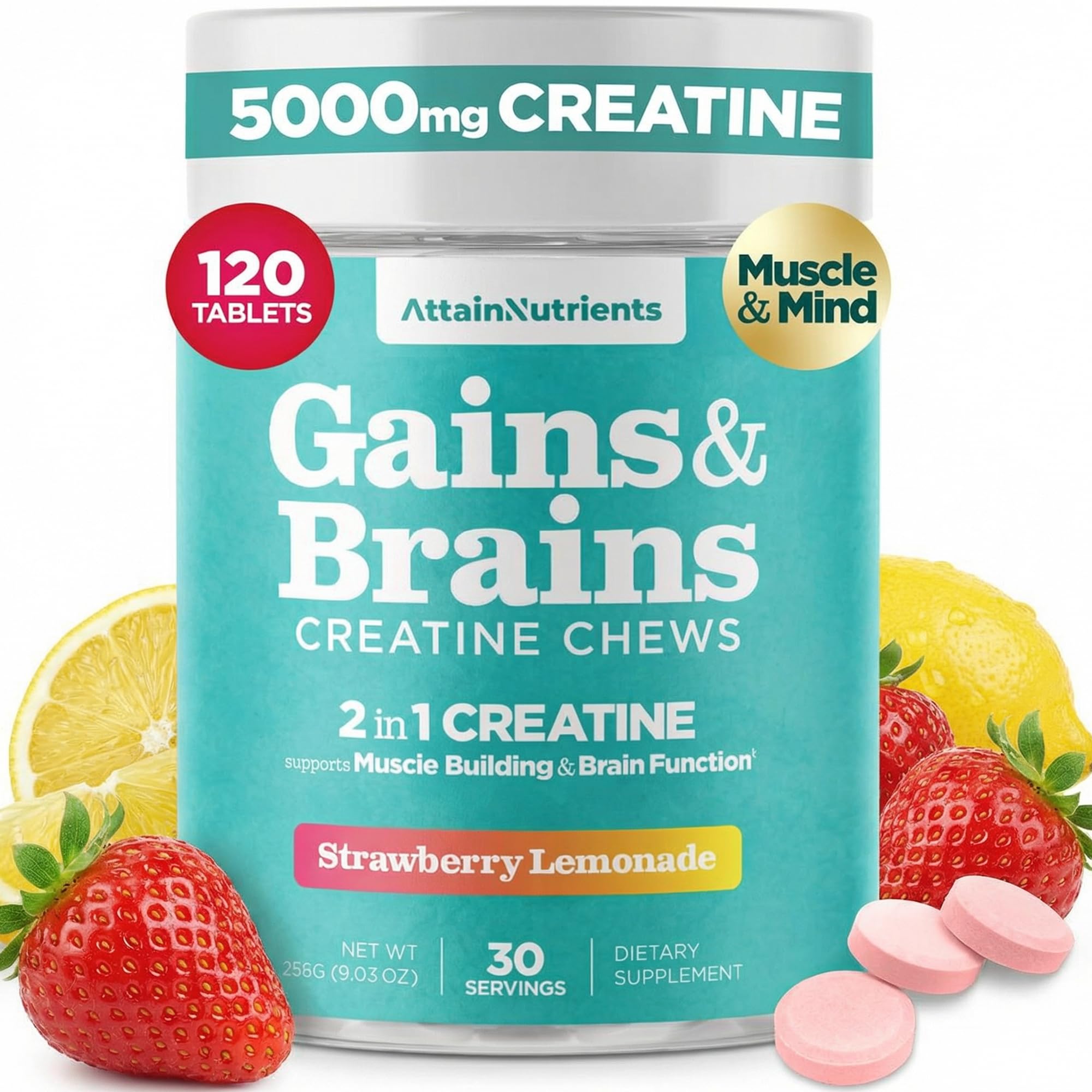 Creatine Chews - 5000mg Creatine Monohydrate Tablets for Men & Women with Ashwagandha KSM-66 - Low Sugar Muscle Support & Cognitive Boost - Gummy Alternative - 120 Count (Strawberry Lemonade) Attain NutrientsAu supplements
