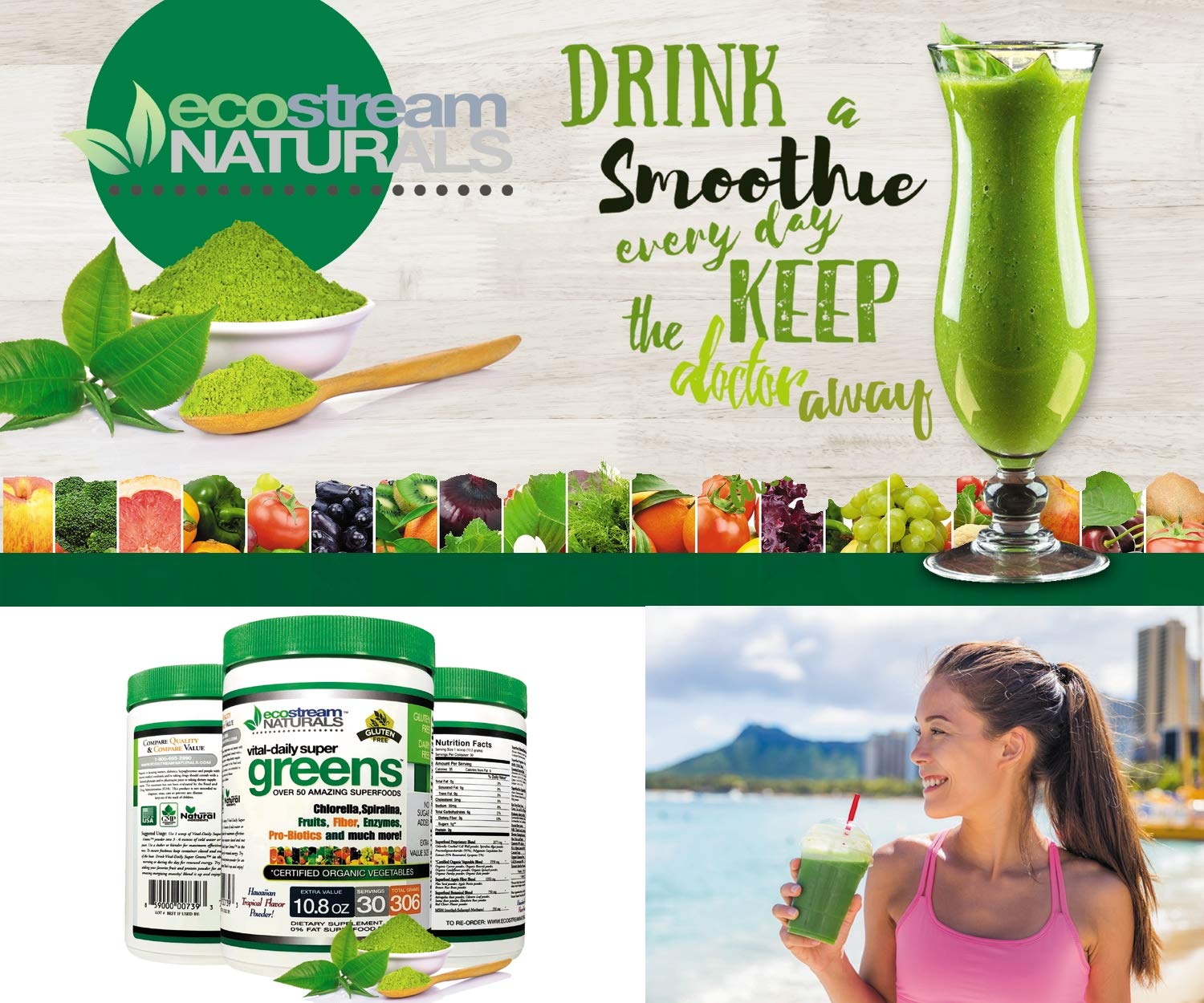 ecostream Naturals Vital First Daily Greens Superfood Powder 50 Whole Super Foods with Spirulina, Chlorella, Flax Seed, Fiber and Enzymes with Organic Greens - 30 Servings ecostream NaturalsAu supplements