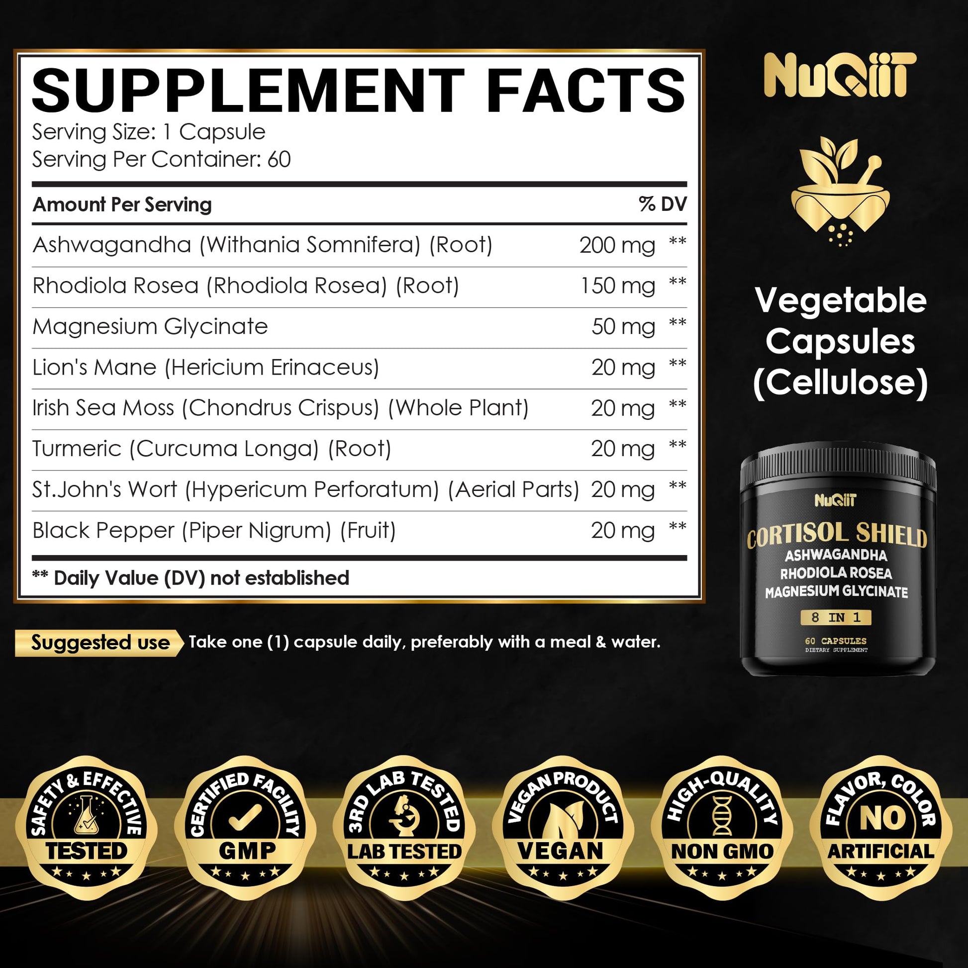 8in1 Cortisol Shield - Ashwagandha and Magnesium, Rhodiola Rosea, Lions Mane, Sea Moss, Turmeric, St Jonh's Wort - Mind& Mood Balance, Rest Well, Support Immume - 60 Capsules NUQIITAu supplements