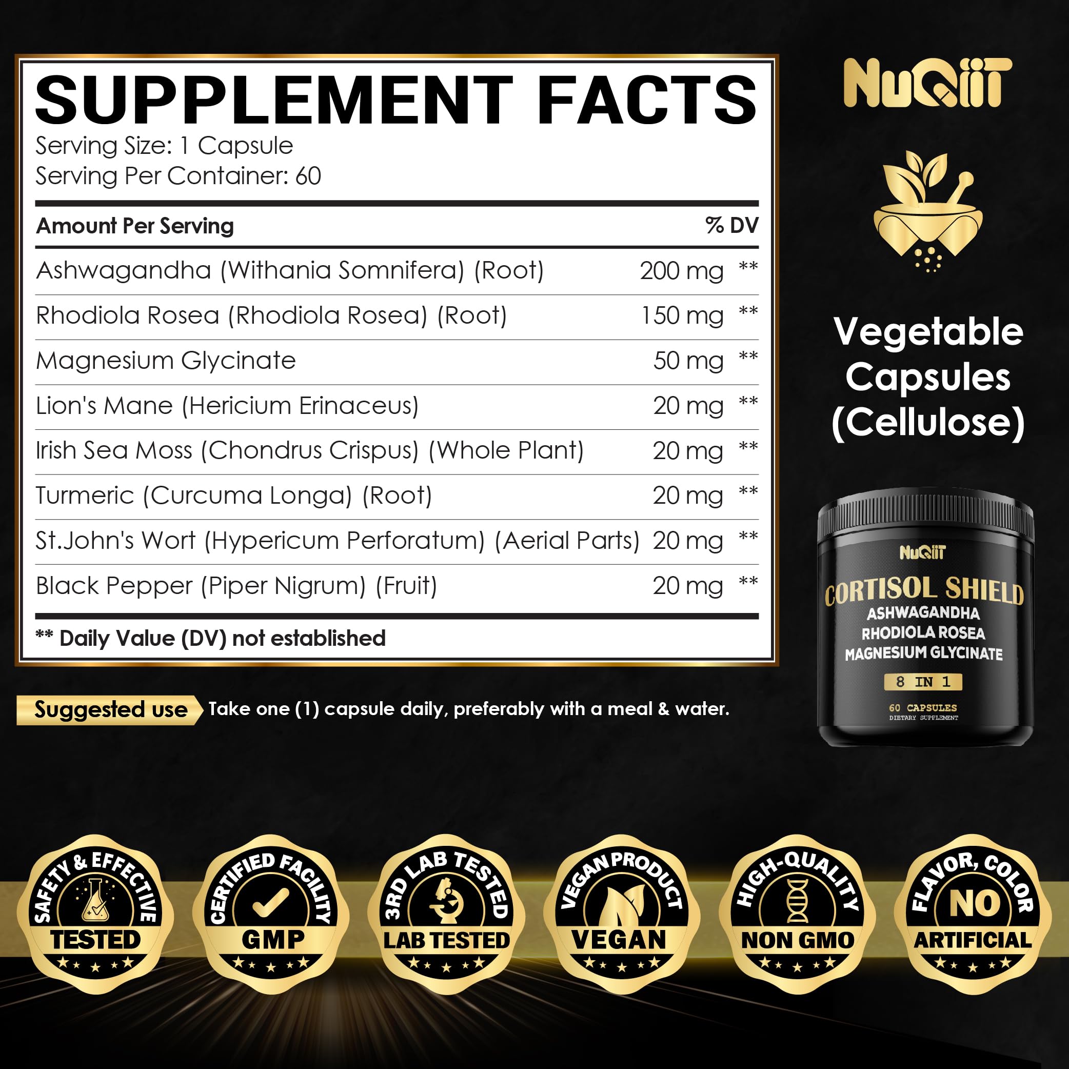 8in1 Cortisol Shield - Ashwagandha and Magnesium, Rhodiola Rosea, Lions Mane, Sea Moss, Turmeric, St Jonh's Wort - Mind& Mood Balance, Rest Well, Support Immume - 60 Capsules NUQIITAu supplements