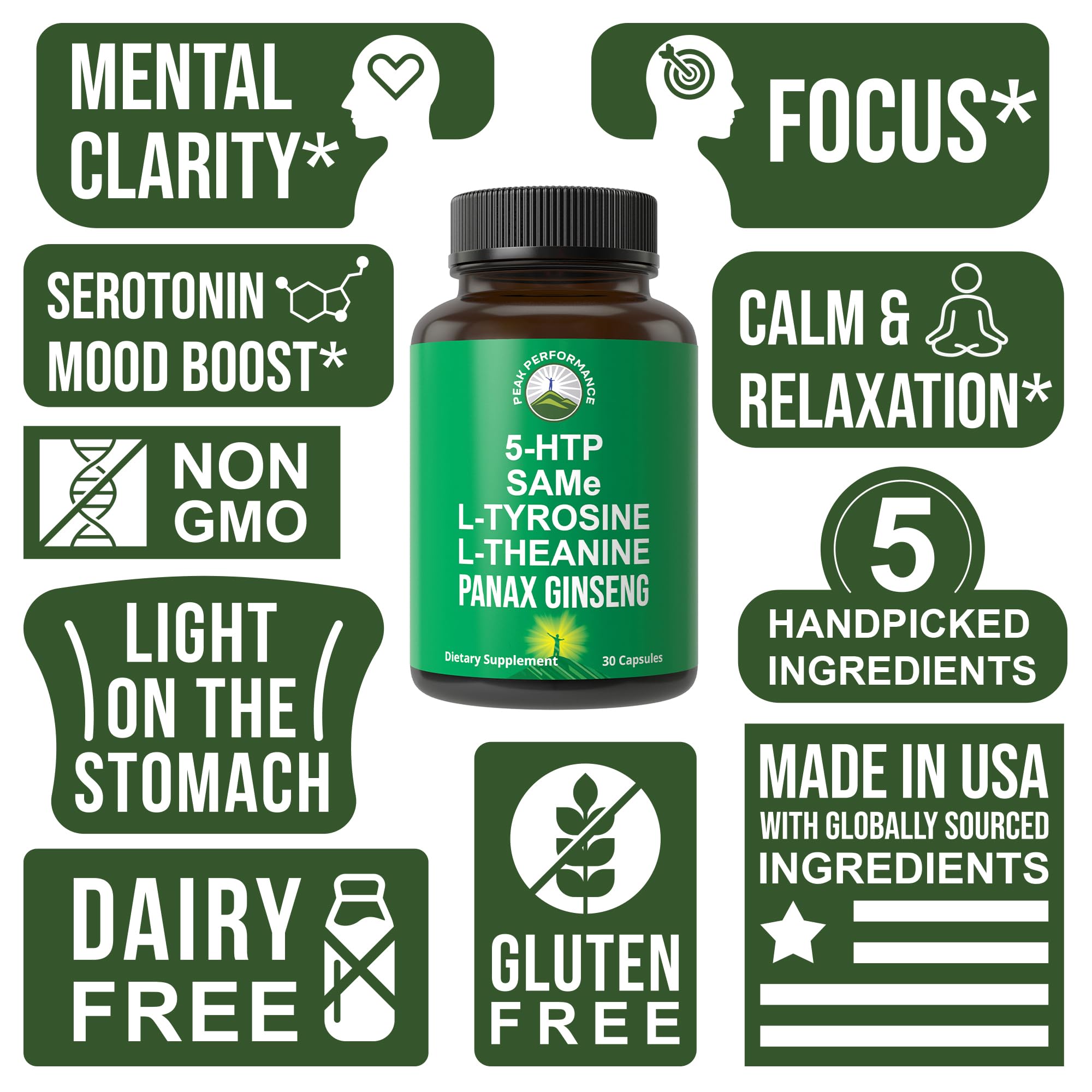 Peak Performance Mood Support Supplement with 5 Top Ingredients: 5HTP, SAM e, L Tyrosine, L Theanine, and Panax Ginseng. Calm, Focus, Relaxation Supplements. Vegan Peak PerformanceAu supplements