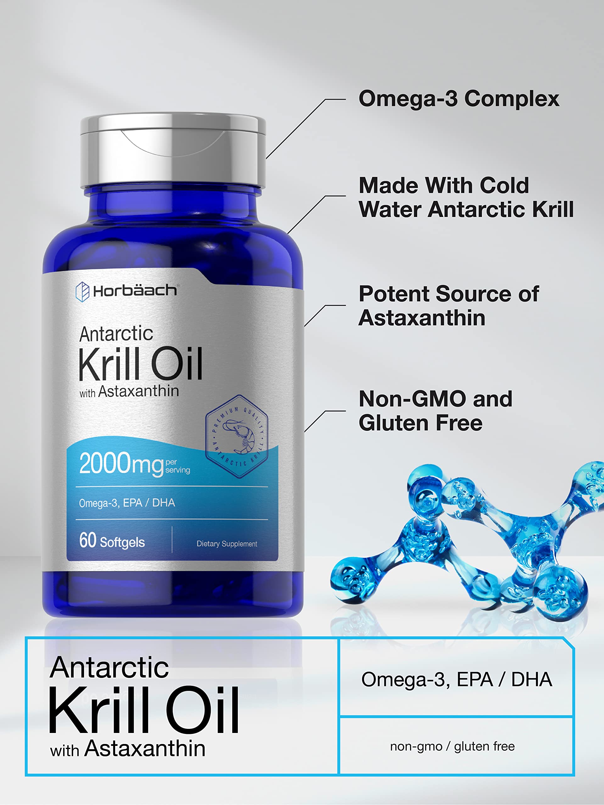 Horbäach Antarctic Krill Oil 2000mg | 60 Softgel Capsules | Omega-3, EPA, DHA Supplemen HorbäachUS supplements