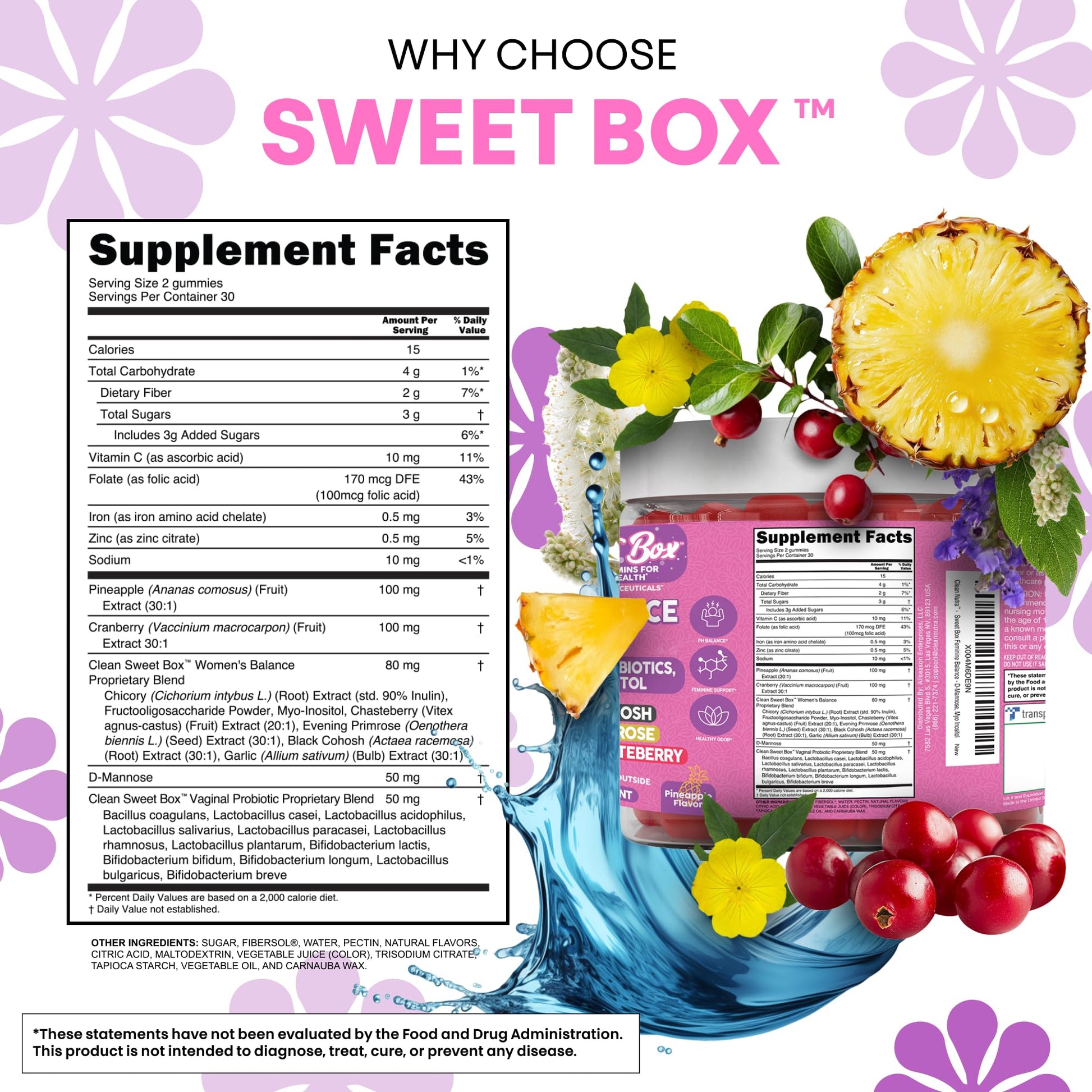 Clean Nutra Feminine Balance Gummies for Women Pineapple VaginalProbiotics pH Balance Cranberry D Mannose Supplement Inositol Black Cohosh Evening Primrose Garlic Vitex GLA Prebiotics Folate 60ct Clean NutraceuticalsAu supplements