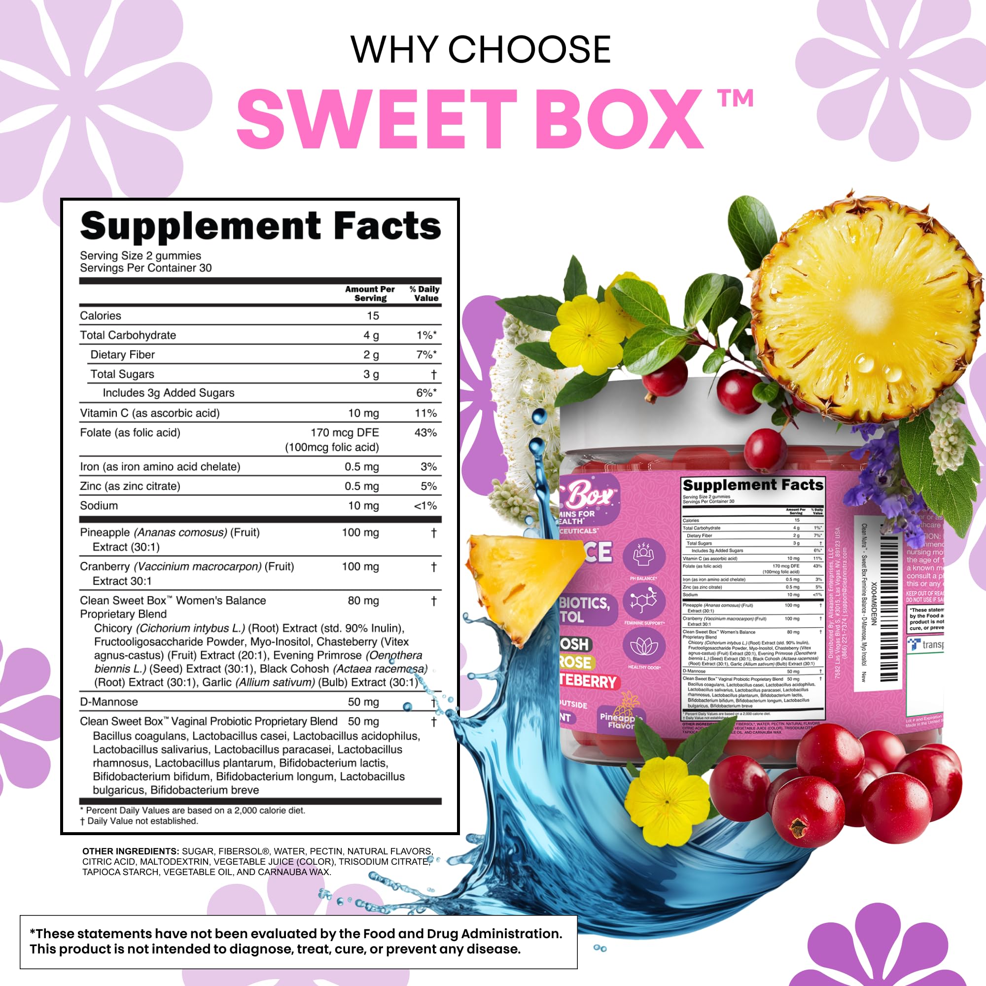 Clean Nutra Feminine Balance Gummies for Women Pineapple VaginalProbiotics pH Balance Cranberry D Mannose Supplement Inositol Black Cohosh Evening Primrose Garlic Vitex GLA Prebiotics Folate 60ct Clean NutraceuticalsAu supplements