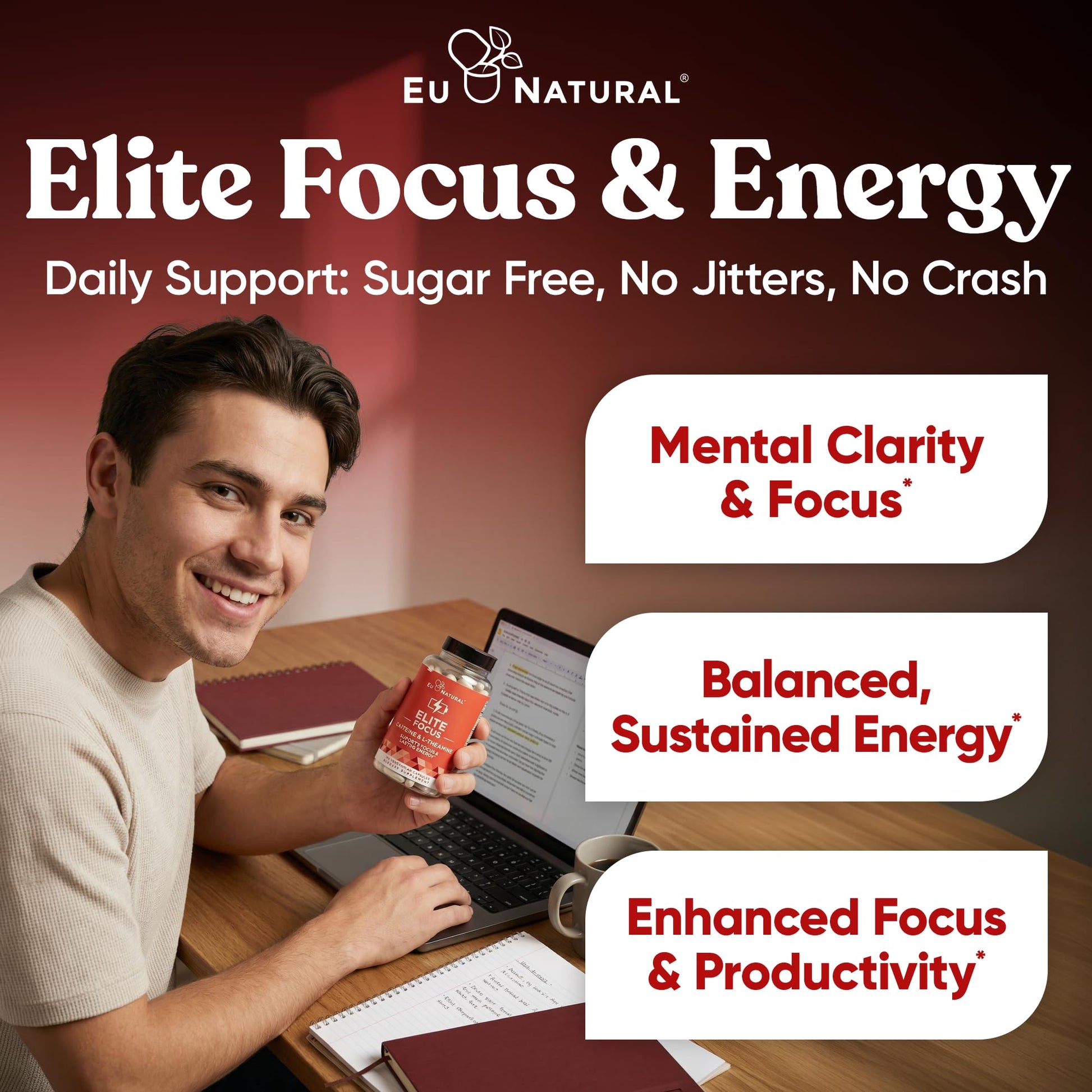 Eu Natural Elite Caffeine Pills with L-Theanine - 100mg Caffeine + 200mg L-Theanine - Jitter-Free Focused Energy & Clean Nootropic Stack - 240 Soft Capsules Eu NaturalAu supplements