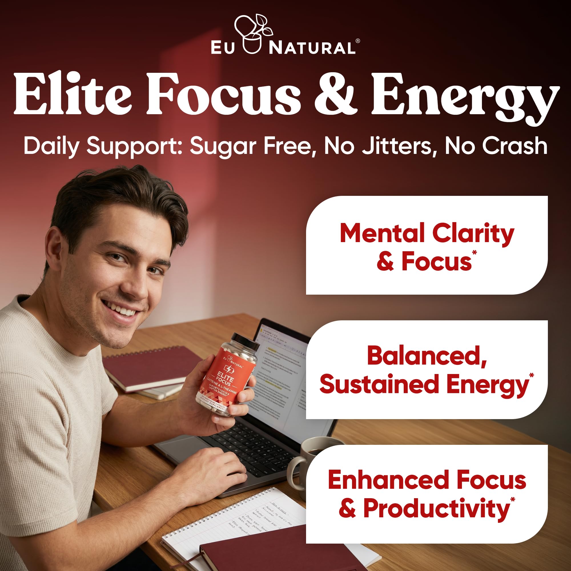 Eu Natural Elite Caffeine Pills with L-Theanine - 100mg Caffeine + 200mg L-Theanine - Jitter-Free Focused Energy & Clean Nootropic Stack - 240 Soft Capsules Eu NaturalAu supplements