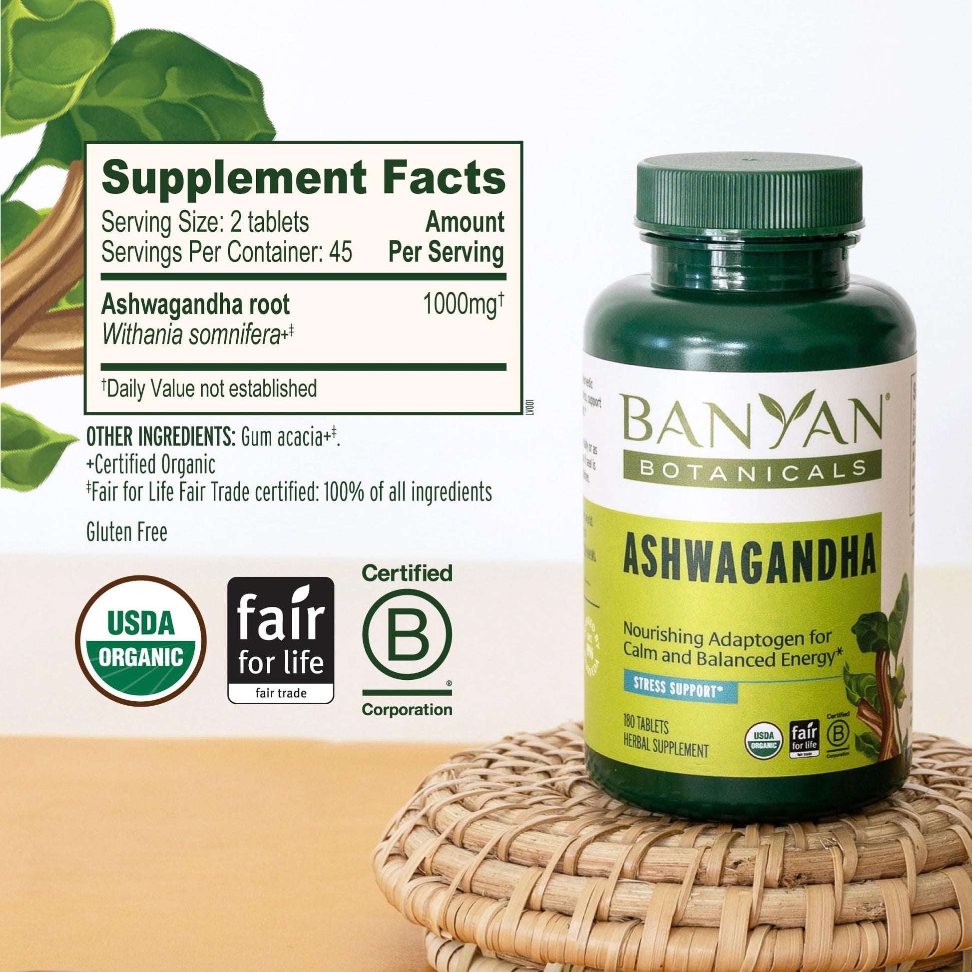 Banyan Botanicals Organic Ashwagandha - 1000mg per Serving - Cortisol Manager & Stress Relief Supplement - Adrenal Support for Mood, Restful Sleep & Muscle Recovery - 180 Tablets - Non-GMO, Vegan* Banyan BotanicalsAu supplements