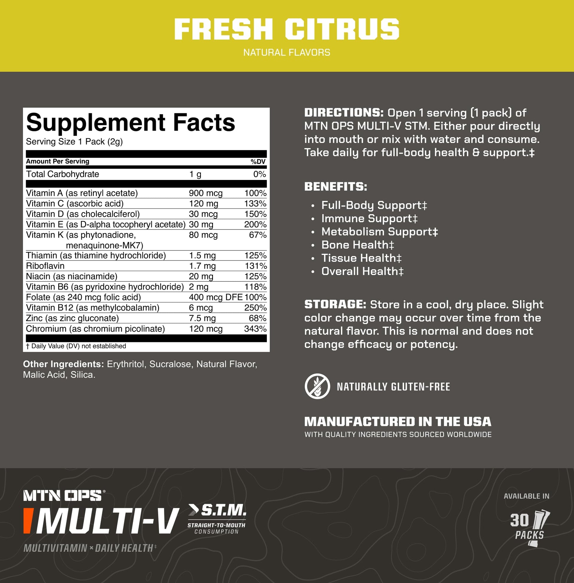 MTN OPS Multi‑V STM On‑the‑Go Daily Multivitamin for Men, Women & Kids – Straight‑to‑Mouth Vitamin C D3 B Zinc Packs – Gluten Free, Natural Flavors, 30 Servings MTN OPSAu supplements