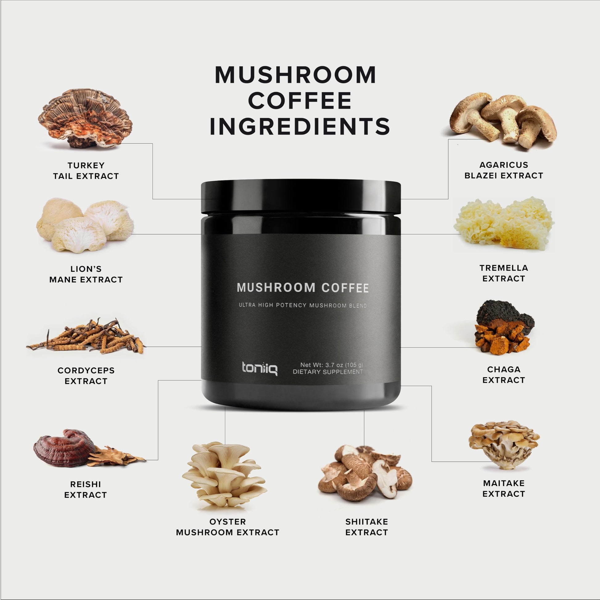 Mushroom Coffee - Ultra High Potency 10:1 Concentrated Extract - Colombian Sourced Beans with 10 Mushroom Blend, Lion's Mane & Cordyceps - Rich & Functional Coffee Alternative - Third-Party Lab Tested ToniiqAu supplements