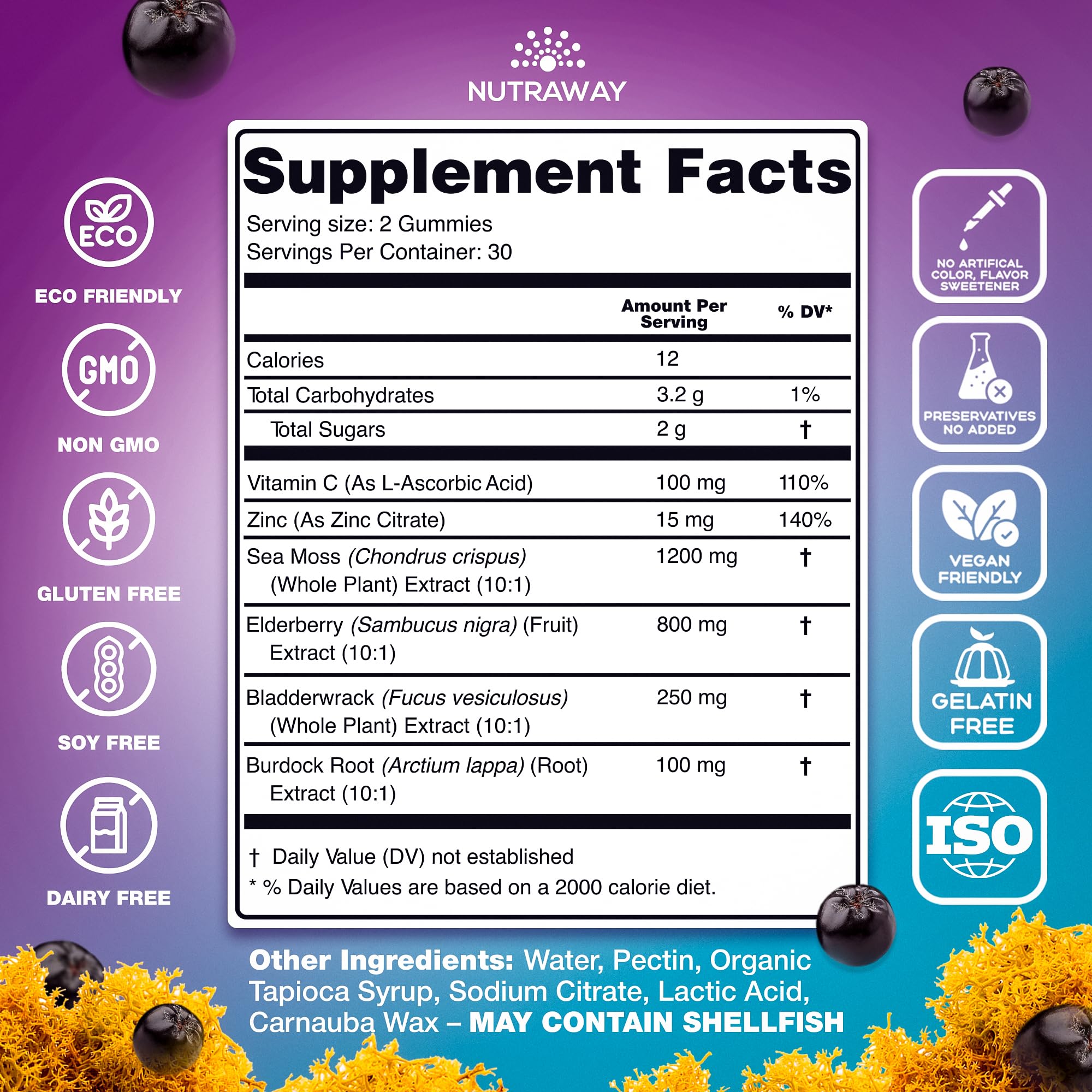 NUTRAWAY LABS Sea Moss Gummies with Elderberry, Vitamin C & Zinc - 102 Minerals from Irish Sea Moss, Bladderwrack & Burdock Root for Immune Support - Vegan Seamoss Supplement (Pack of 1) NUTRAWAY LABSAu supplements