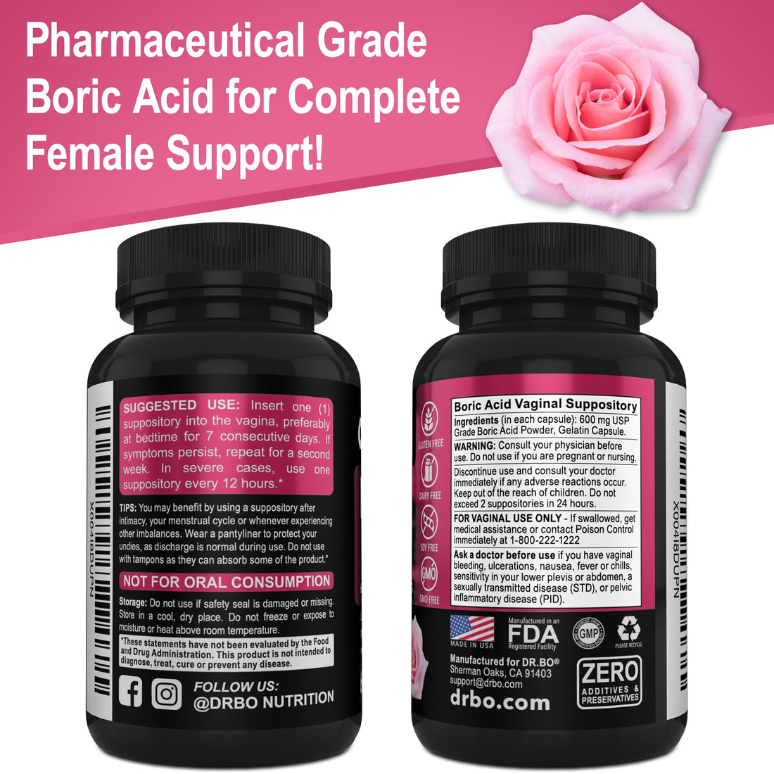Boric Acid Suppositories for Women - 600mg Vaginal Suppositories Boric Acid for Women - Vagina Suppository Vaginal Odor Smell PH Feminine Vag Womens pH Balance Pills & Vagina Health - 60 Suppositories DR. BOUS supplements