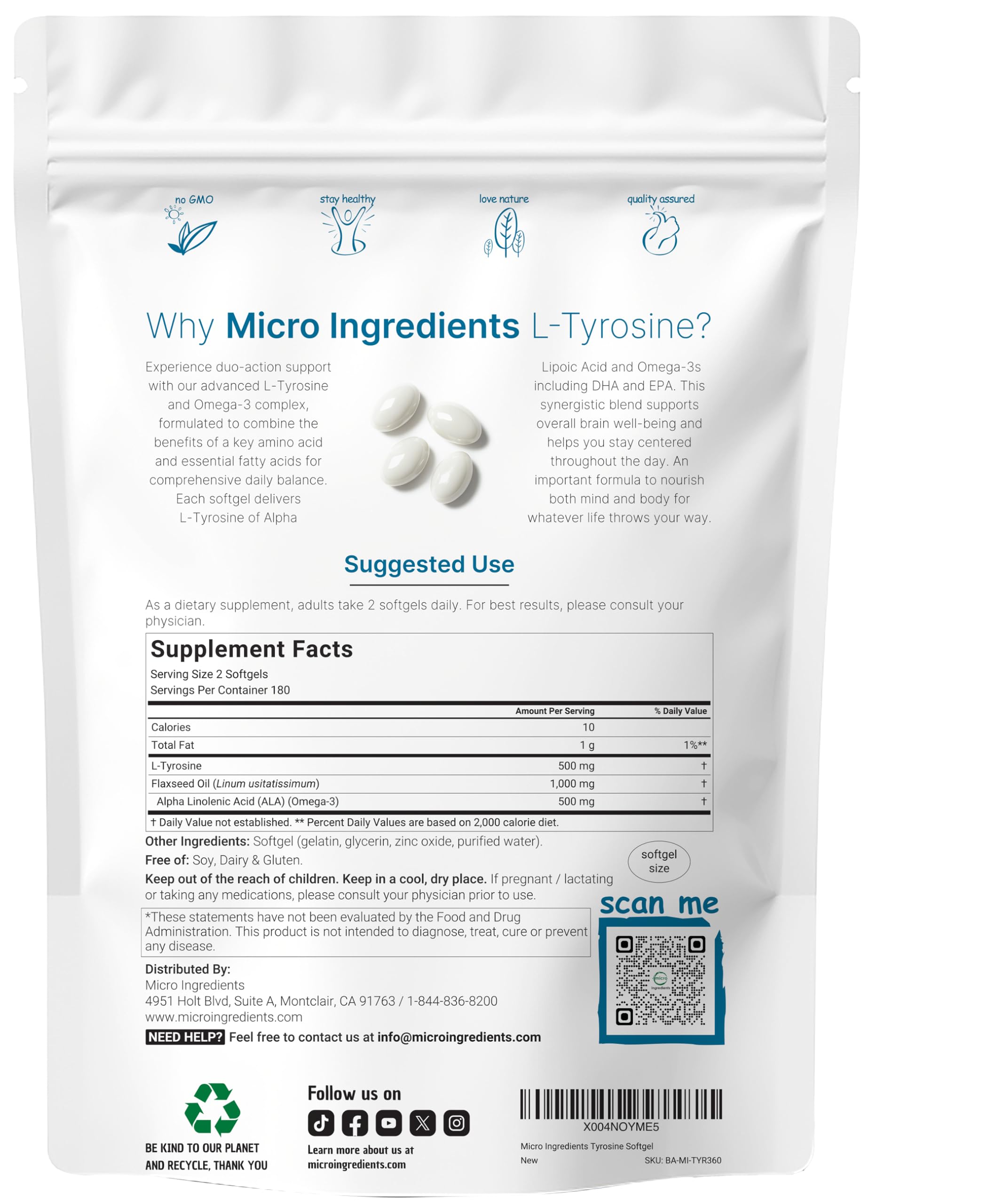 L Tyrosine Supplement 500mg with Omega-3, 360 Softgels | Duo Action Amino Acids + Omega from Flaxseed Oil 1,000mg with ALA | Heart and Mood Support | Brain Supplements for Memory and Focus | Non-GMO Micro IngredientsAu supplements