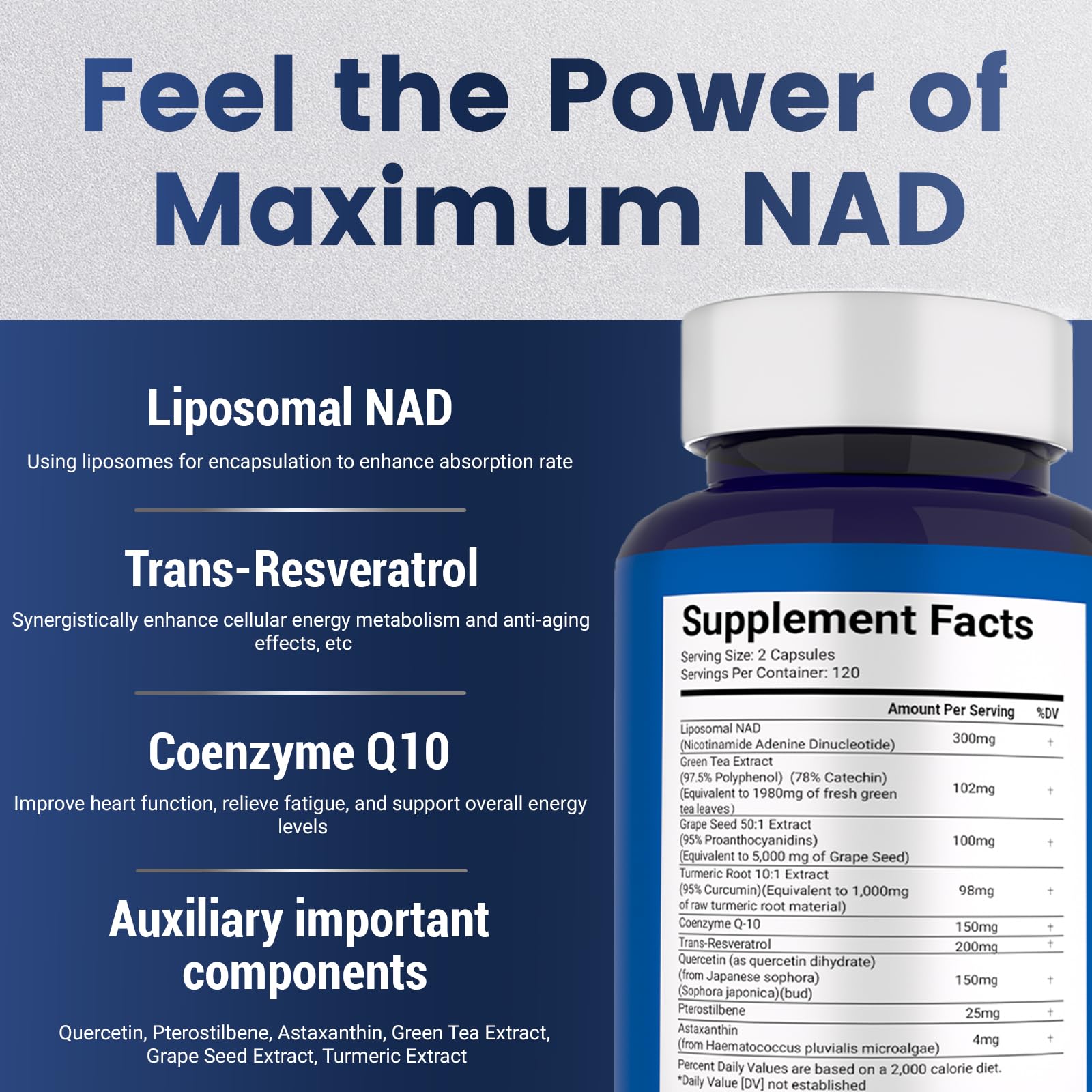 NAD+ Supplement 8,809mg with Liposomal NAD and Resveratrol for Women & Men - 120 Capsules to Support Cellular Health, Boost Stamina & Healthy Aging, Vegan & Gluten-Free Maximum NADAu supplements