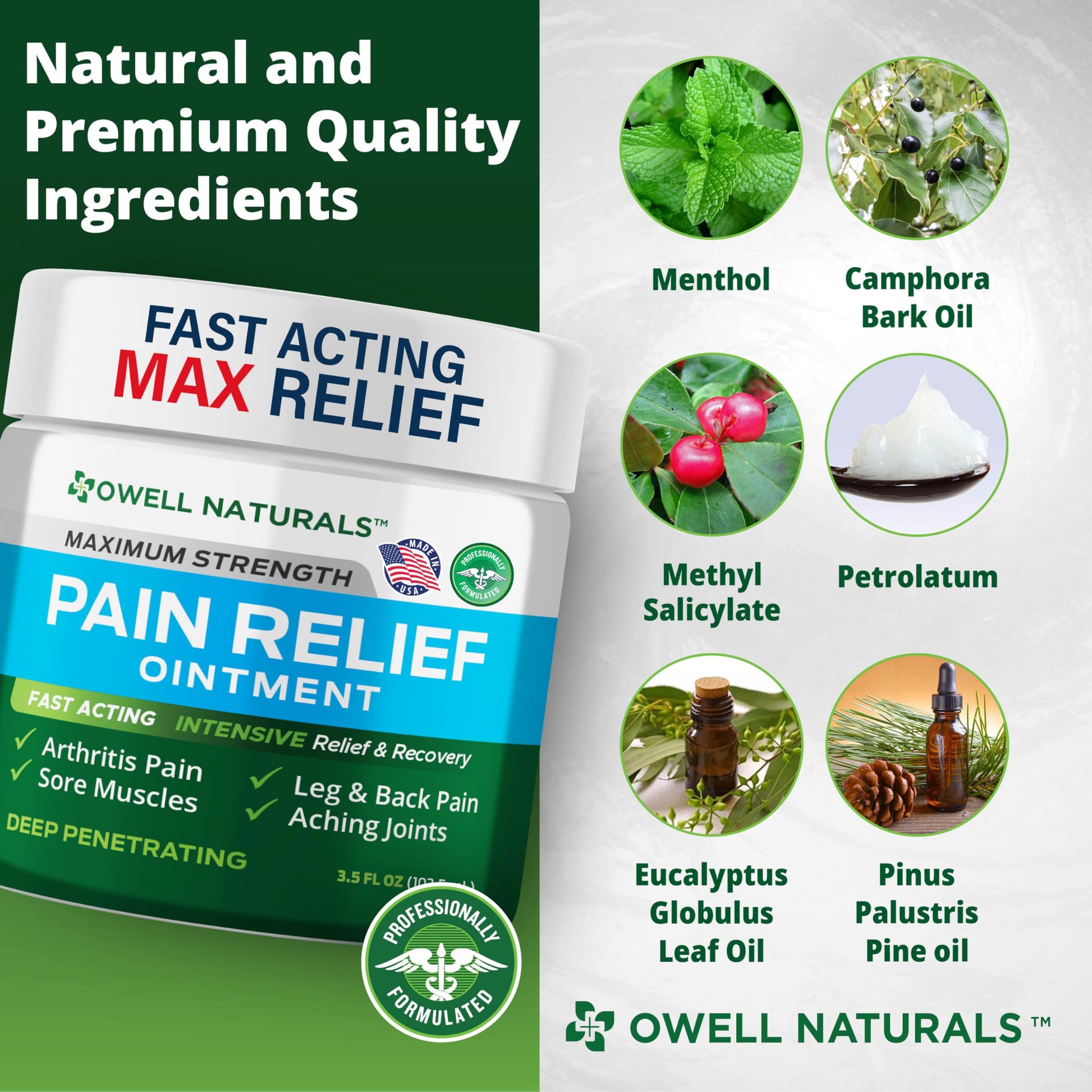 OWELL NATURALS Pain Relief Ointment Deep Penetrating Fast Acting Formula for Arthritis, Joint & Muscle Discomfort, Stiffness, Long-Lasting Soothing Balm, 3.5 oz Owell NaturalsAu supplements