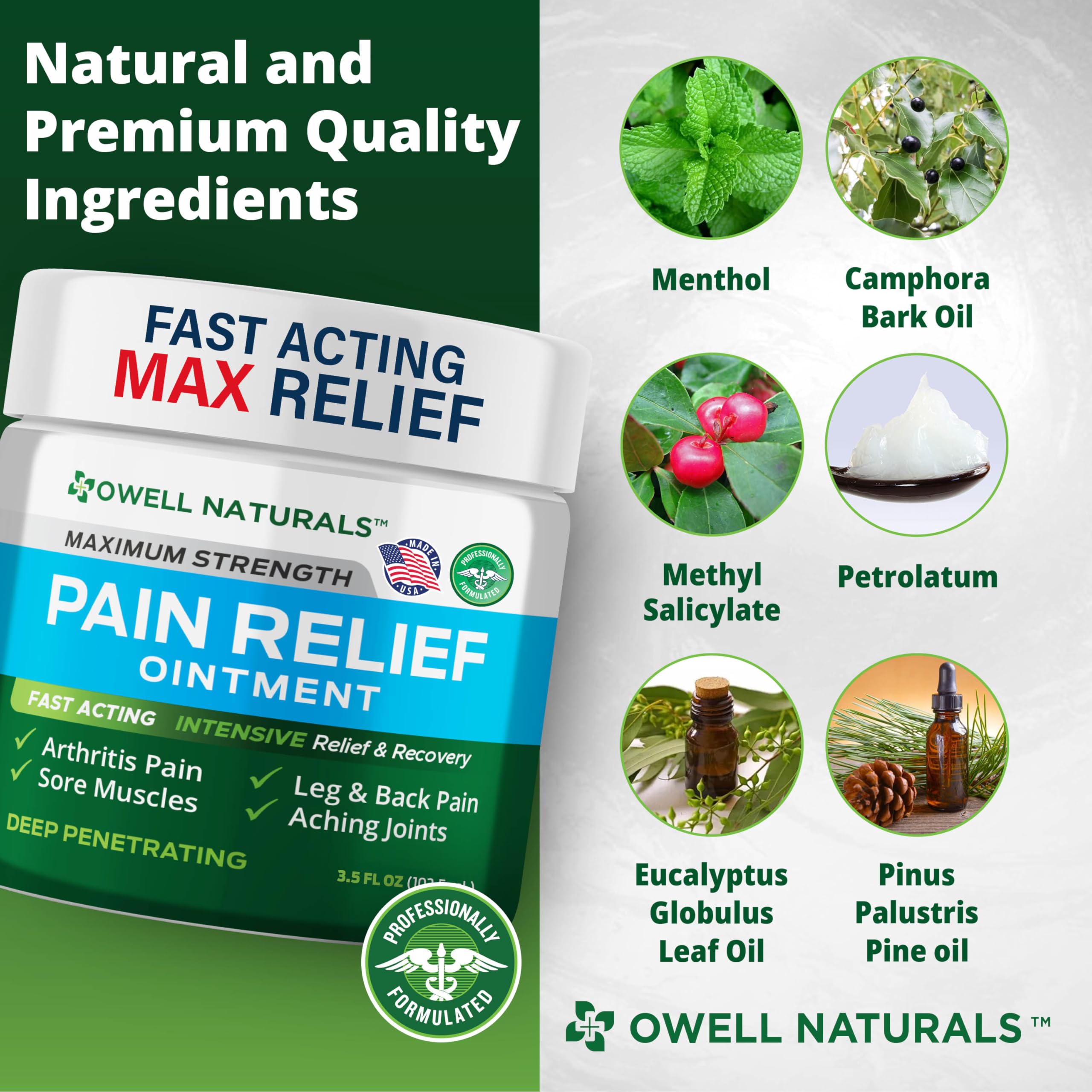 OWELL NATURALS Pain Relief Ointment Deep Penetrating Fast Acting Formula for Arthritis, Joint & Muscle Discomfort, Stiffness, Long-Lasting Soothing Balm, 3.5 oz Owell NaturalsAu supplements