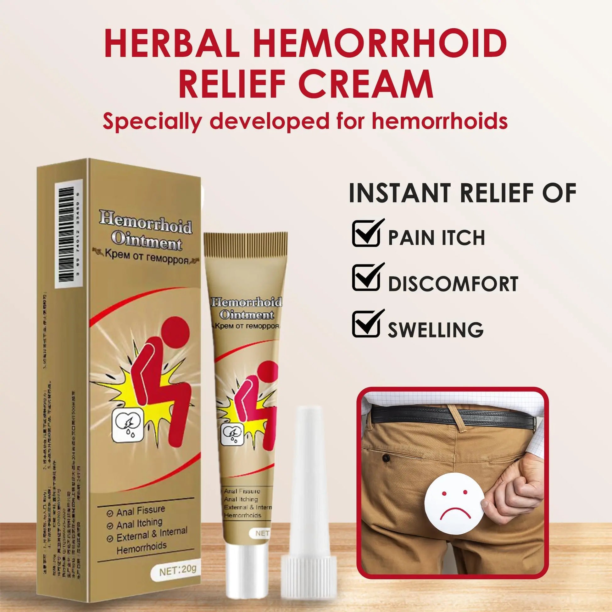 Hemorrhoid Cream, Herbal Hemorrhoid Ointment, Natural Itching & Burning Relief Hemorrhoidal Cream, External Discomfort Support for Men Women 20g GenericAu supplements