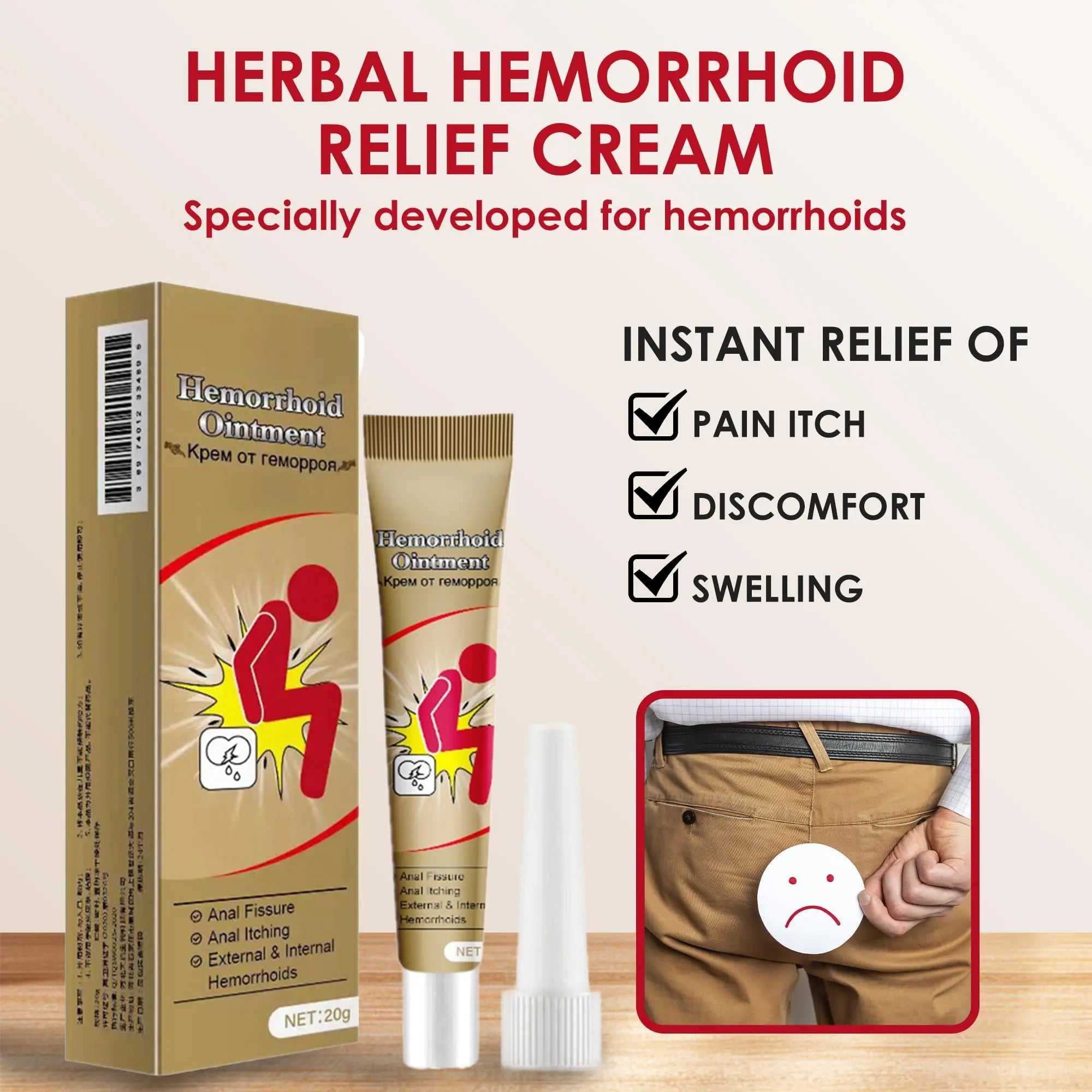 Hemorrhoid Cream, Herbal Hemorrhoid Ointment, Natural Itching & Burning Relief Hemorrhoidal Cream, External Discomfort Support for Men Women 20g GenericAu supplements
