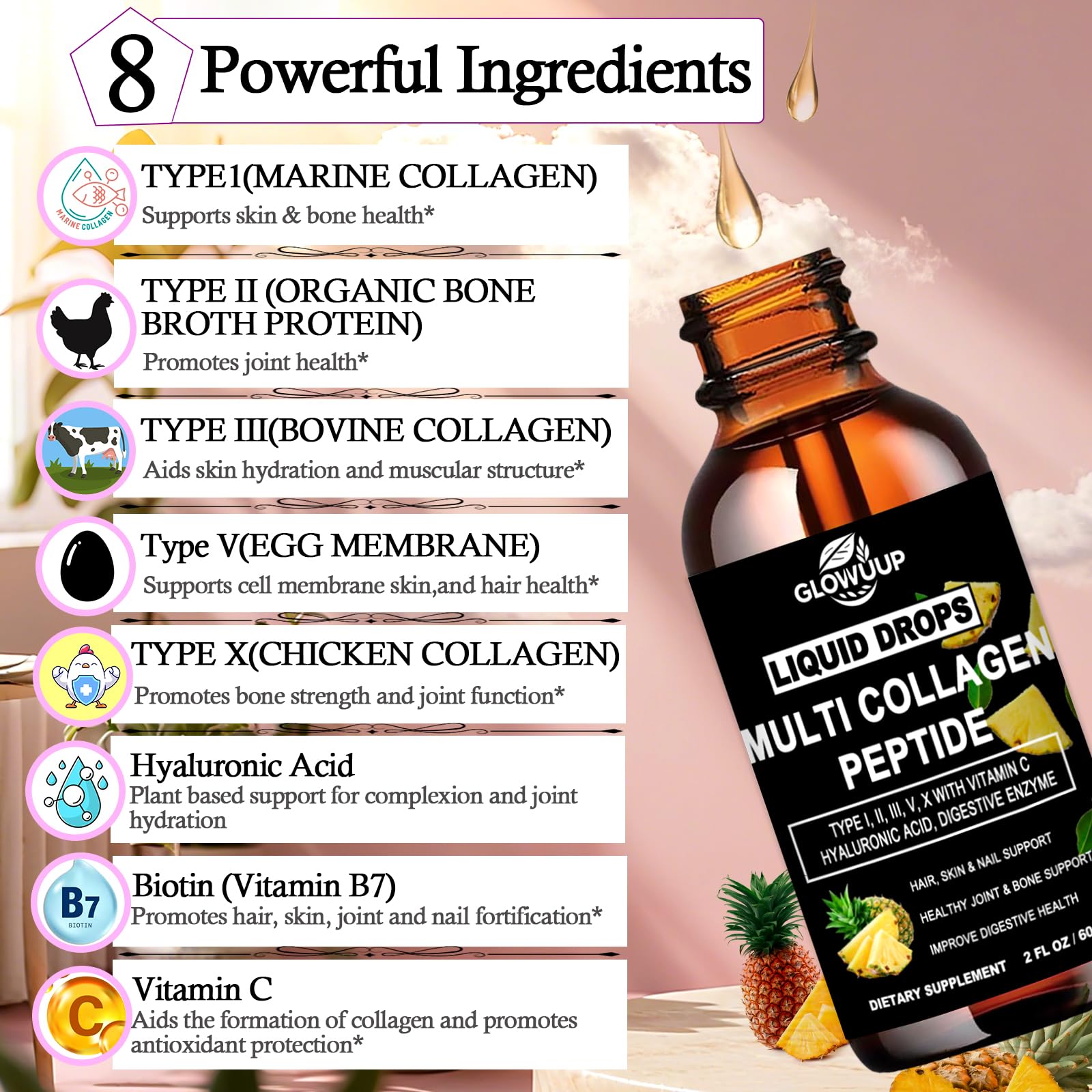 Multi Collagen Peptides Liquid Drops for Women & Men-Type I, II, III, V, X丨Hydrolyzed Collagen Peptides, Collagen Proteins W. Hyaluronic Acid, Biotin & Vitamin C for Hair Skin & Joint Gut Health GLOVVUUPAu supplements