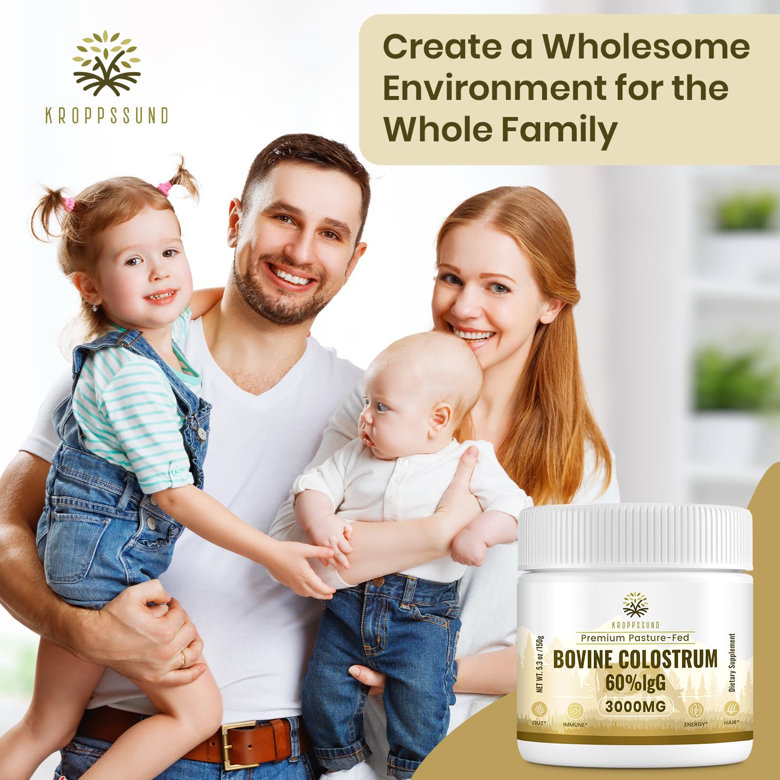 Kroppssund Bovine Colostrum Powder Supplement 3000 mg - Extra High 60% IgG Bovine Colostrum - Gut, Bone, Exercise, Immune - 50 Servings (1 Bottle) KroppssundAu supplements