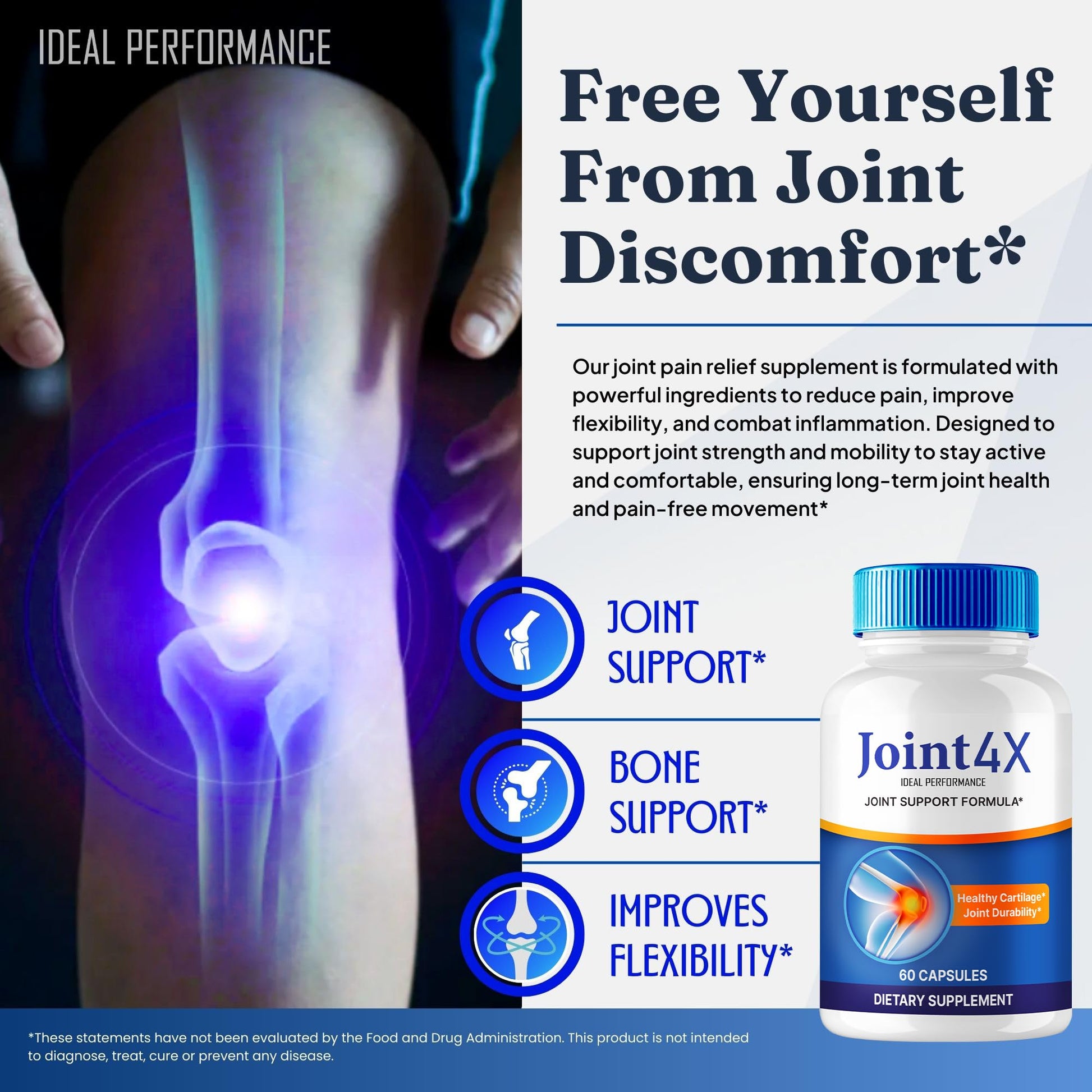 Joint4X Joint Support Capsules, Official Joint-4X Supplement Pills, All-Natural Formula to Fortify Bones and Bolster Flexibility - Maximum Strength, Joint 4X Pills Reviews (60 Capsules) IDEAL PERFORMANCEAu supplements