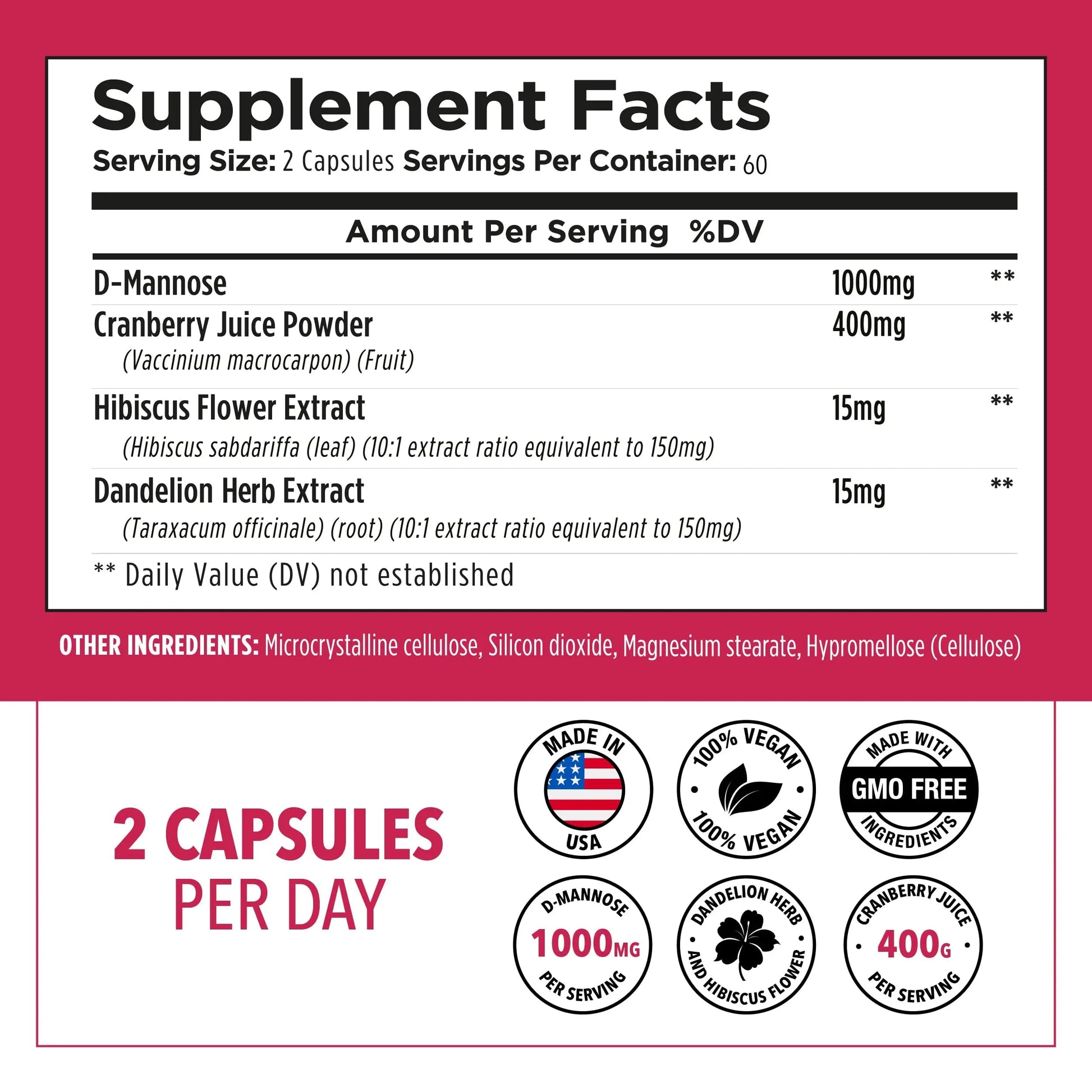 Plantvital D Mannose Capsules with Cranberry - D-mannose 1000mg Capsules - High Potency for Bladder, Kidney and Urinary Tract Support. Cranberry Powder with Hibiscus and Dandelion. 2 Months Supply PlantvitalAu supplements
