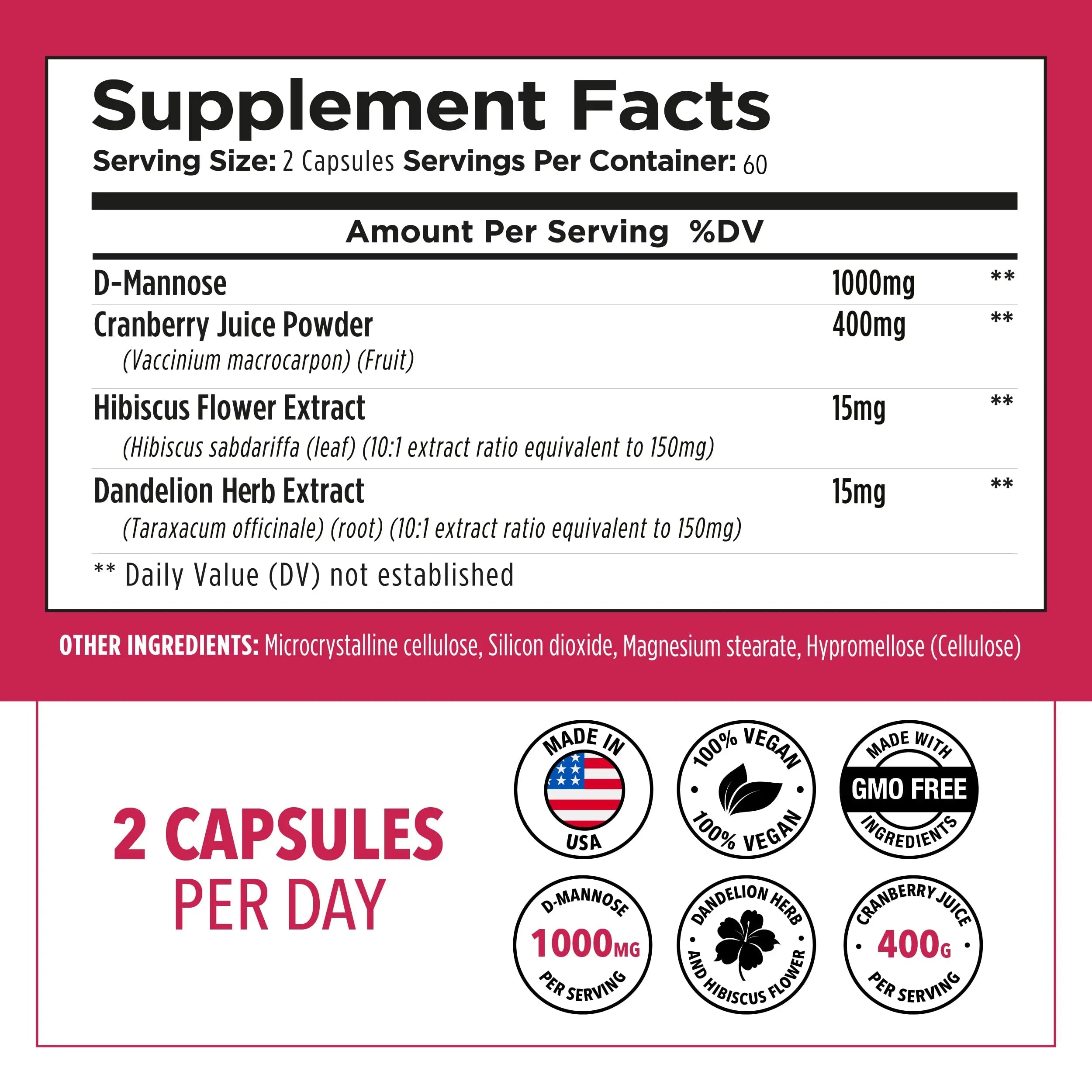 Plantvital D Mannose Capsules with Cranberry - D-mannose 1000mg Capsules - High Potency for Bladder, Kidney and Urinary Tract Support. Cranberry Powder with Hibiscus and Dandelion. 2 Months Supply PlantvitalAu supplements