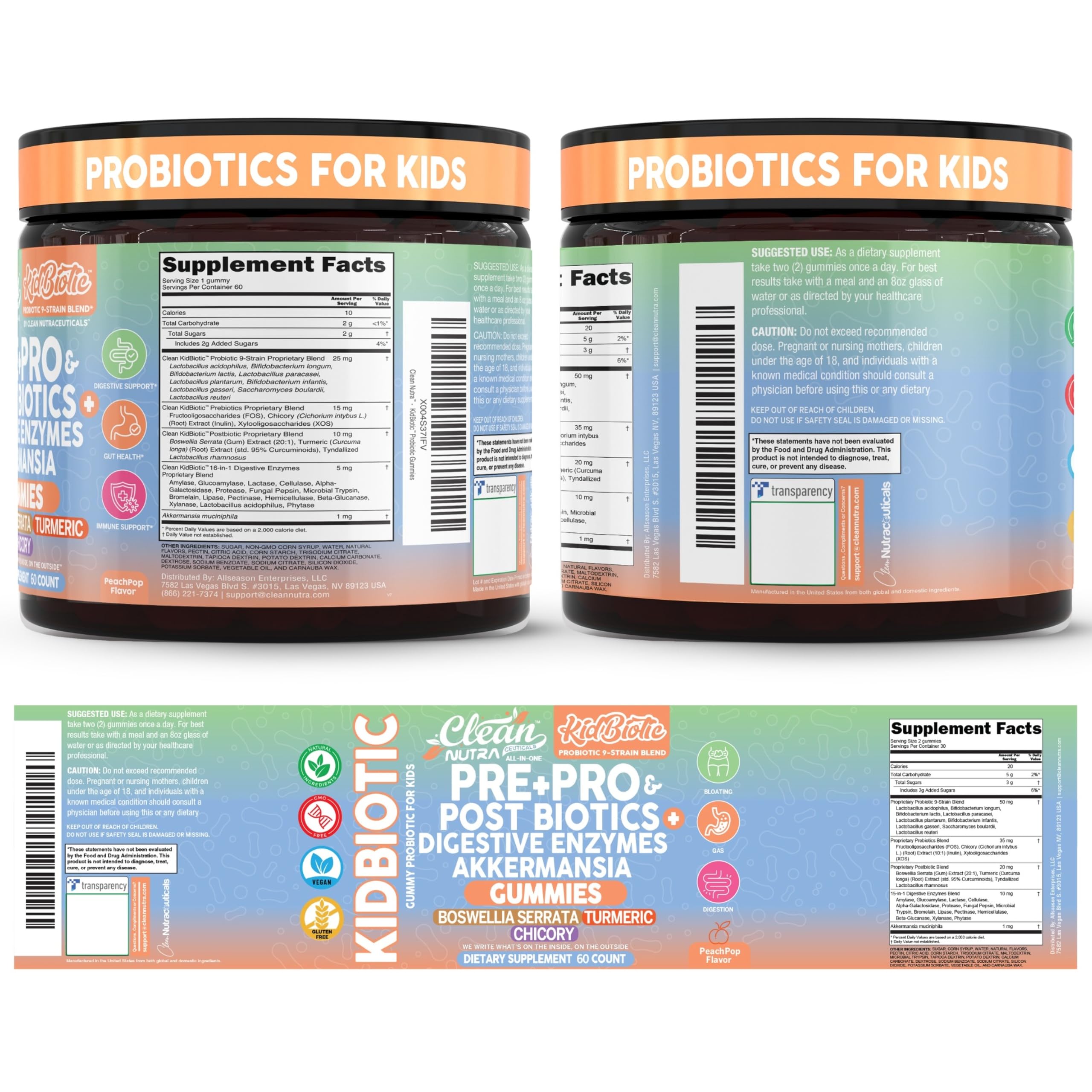 Clean Nutra Kids Probiotics Gummies with Prebiotics, Postbiotics, Digestive Enzymes, Akkermansia, Boswellia Serrata, Turmeric, Chicory – 60 Count – Plant-Based Supplement for Kids – PeachPop Flavor Clean NutraceuticalsAu supplements