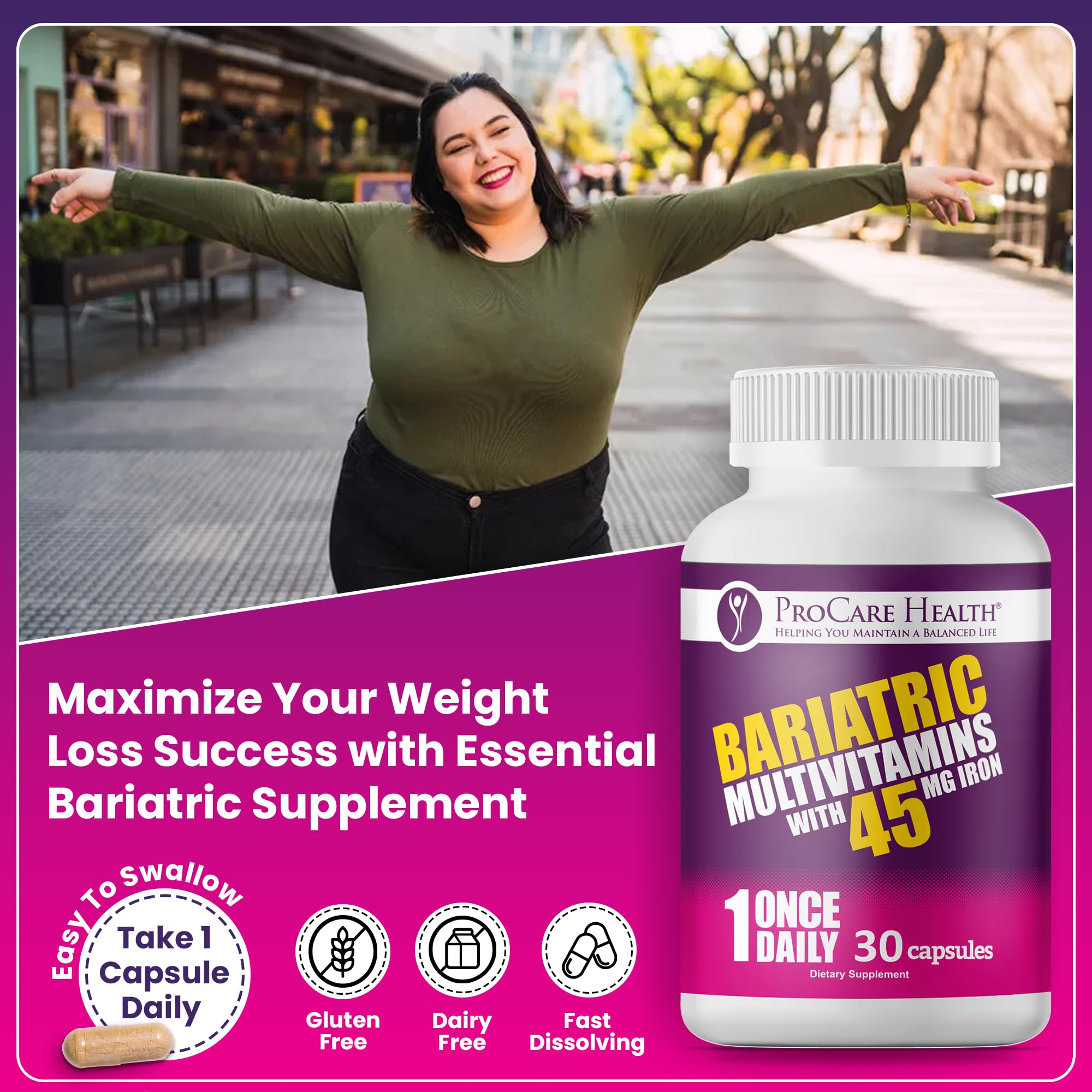 ProCare Health Bariatric Multivitamin with 45mg Iron (30 Easy to Swallow Capsules) - Once Daily Post-Op Support for Gastric Bypass ProCare HealthAu supplements